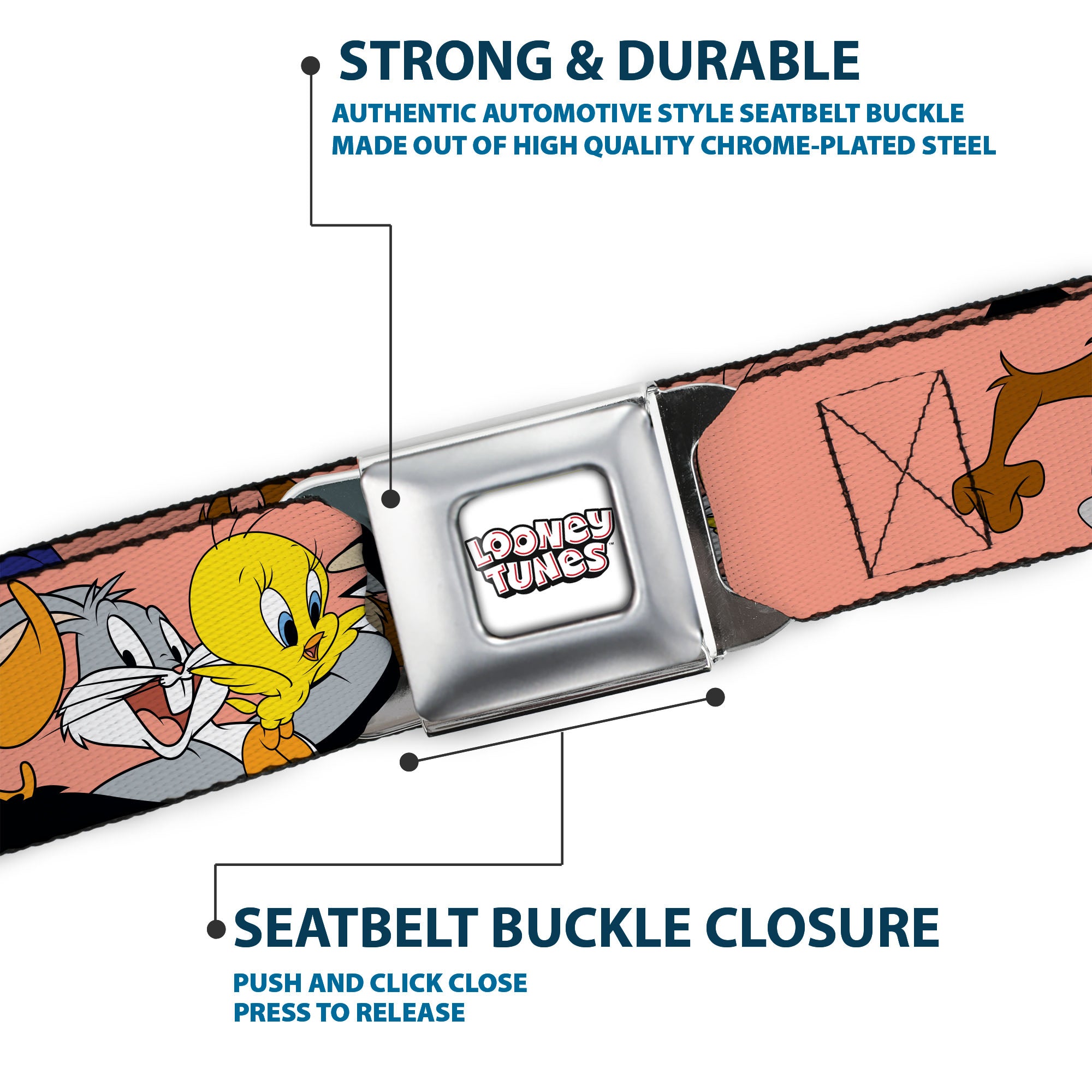 LOONEY TUNES Text Title Logo Full Color White Seatbelt Belt - Looney Tunes Seven Character Poses Stacked Peach Webbing Seatbelt Belts Looney Tunes