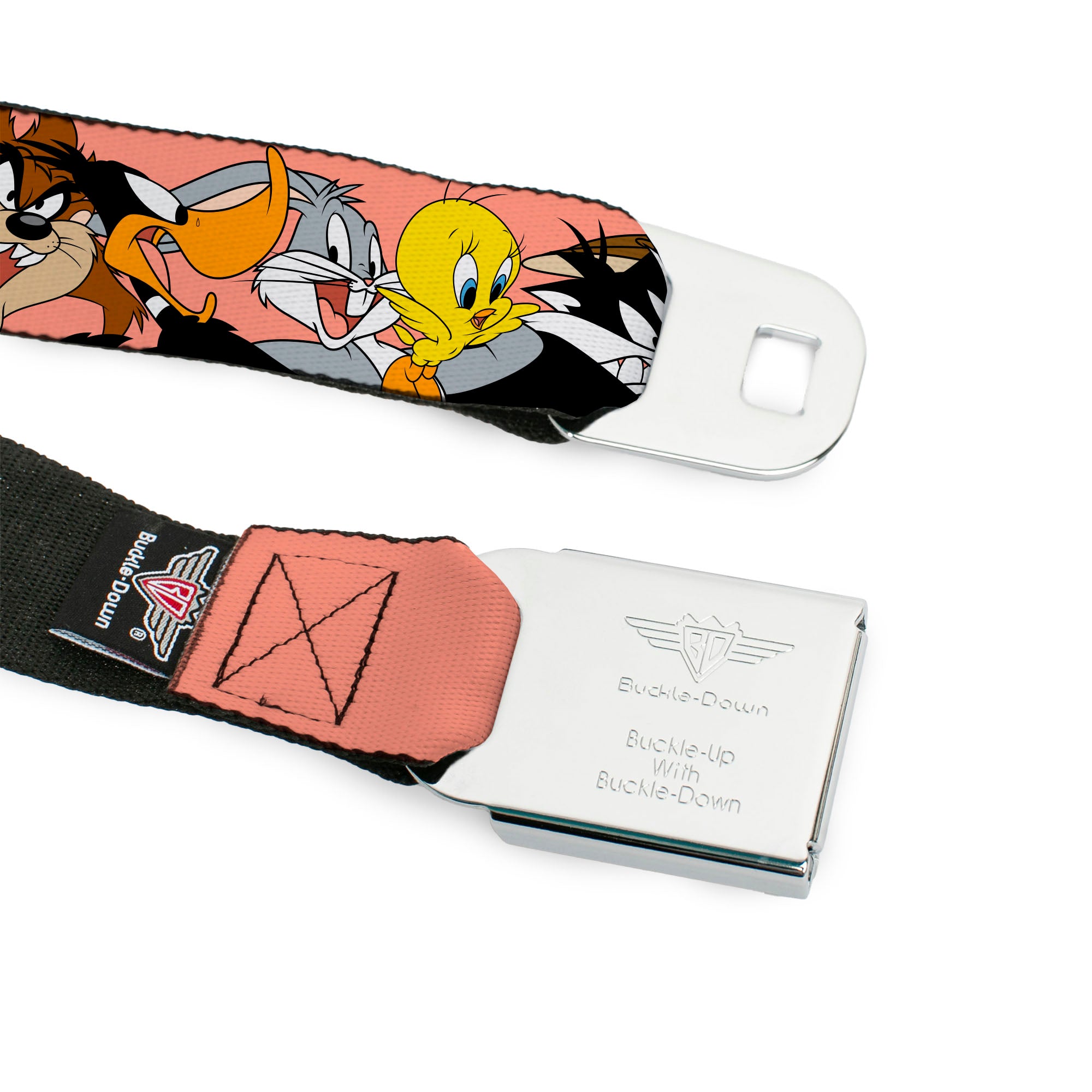 LOONEY TUNES Text Title Logo Full Color White Seatbelt Belt - Looney Tunes Seven Character Poses Stacked Peach Webbing Seatbelt Belts Looney Tunes