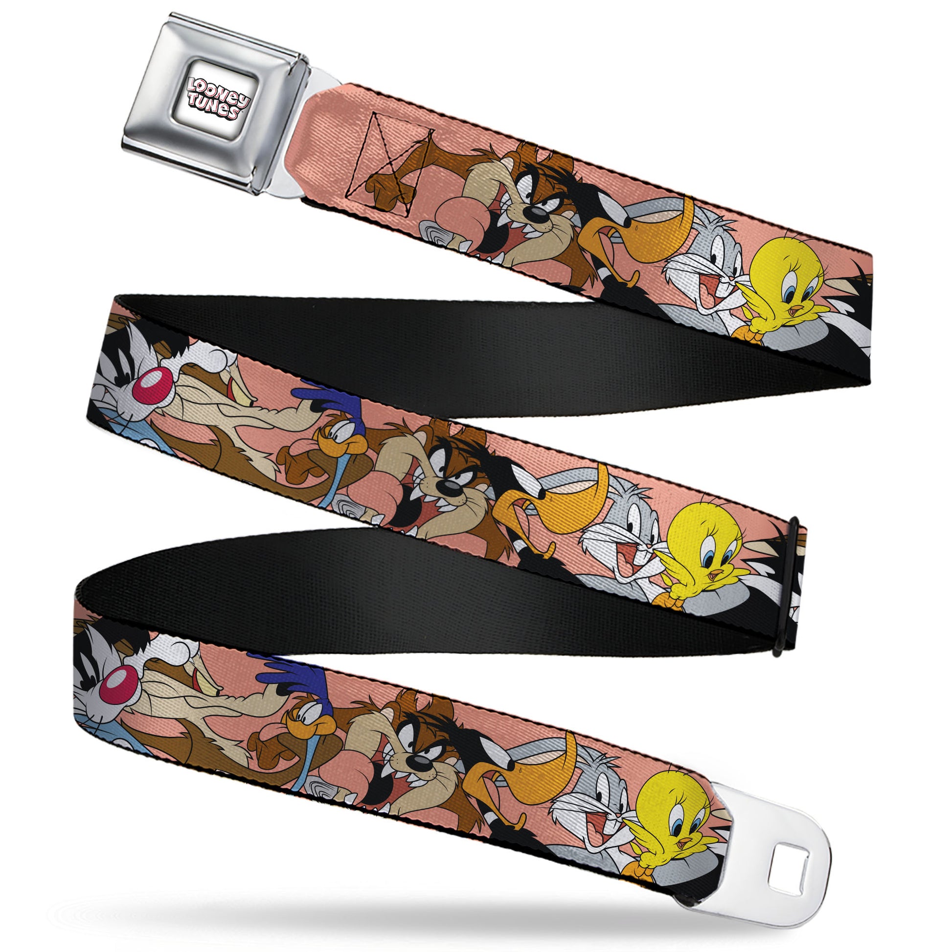 LOONEY TUNES Text Title Logo Full Color White Seatbelt Belt - Looney Tunes Seven Character Poses Stacked Peach Webbing Seatbelt Belts Looney Tunes