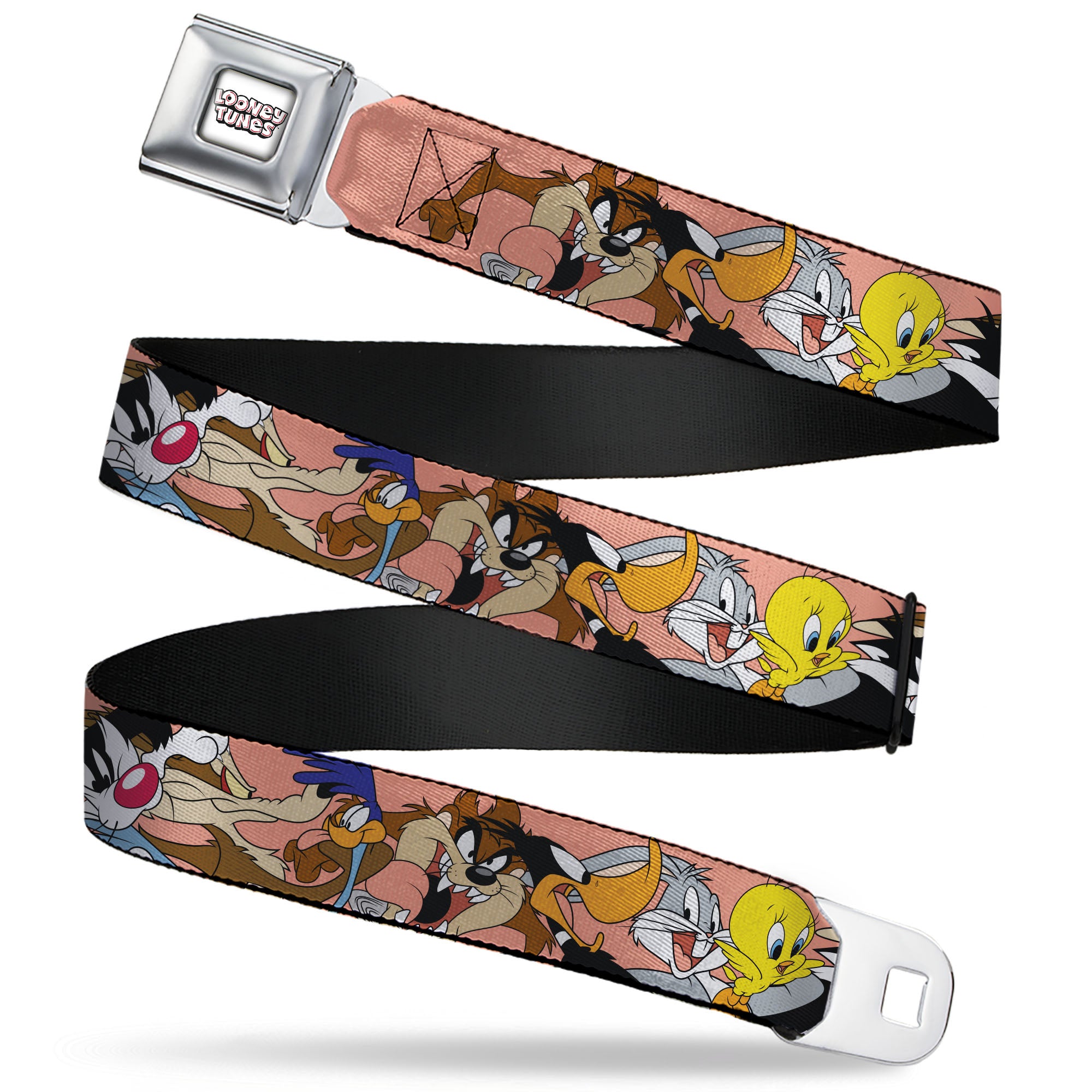 LOONEY TUNES Text Title Logo Full Color White Seatbelt Belt - Looney Tunes Seven Character Poses Stacked Peach Webbing Seatbelt Belts Looney Tunes
