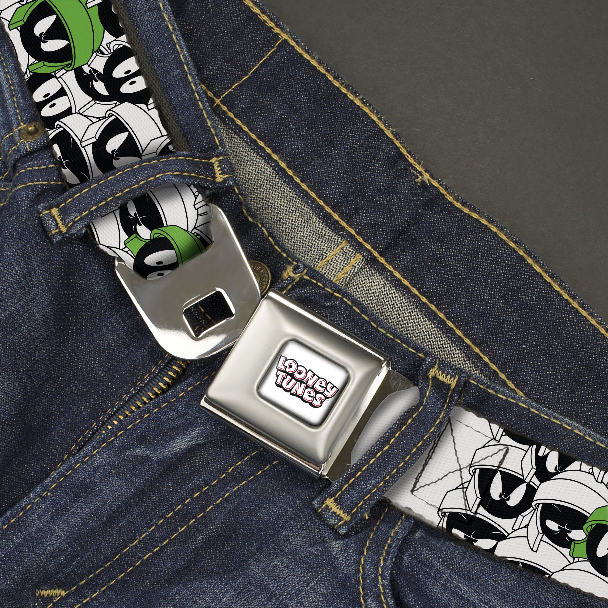 LOONEY TUNES Text Title Logo Full Color White Seatbelt Belt - Marvin the Martian Faces Stacked White/Black/Full Color Webbing Seatbelt Belts Looney Tunes