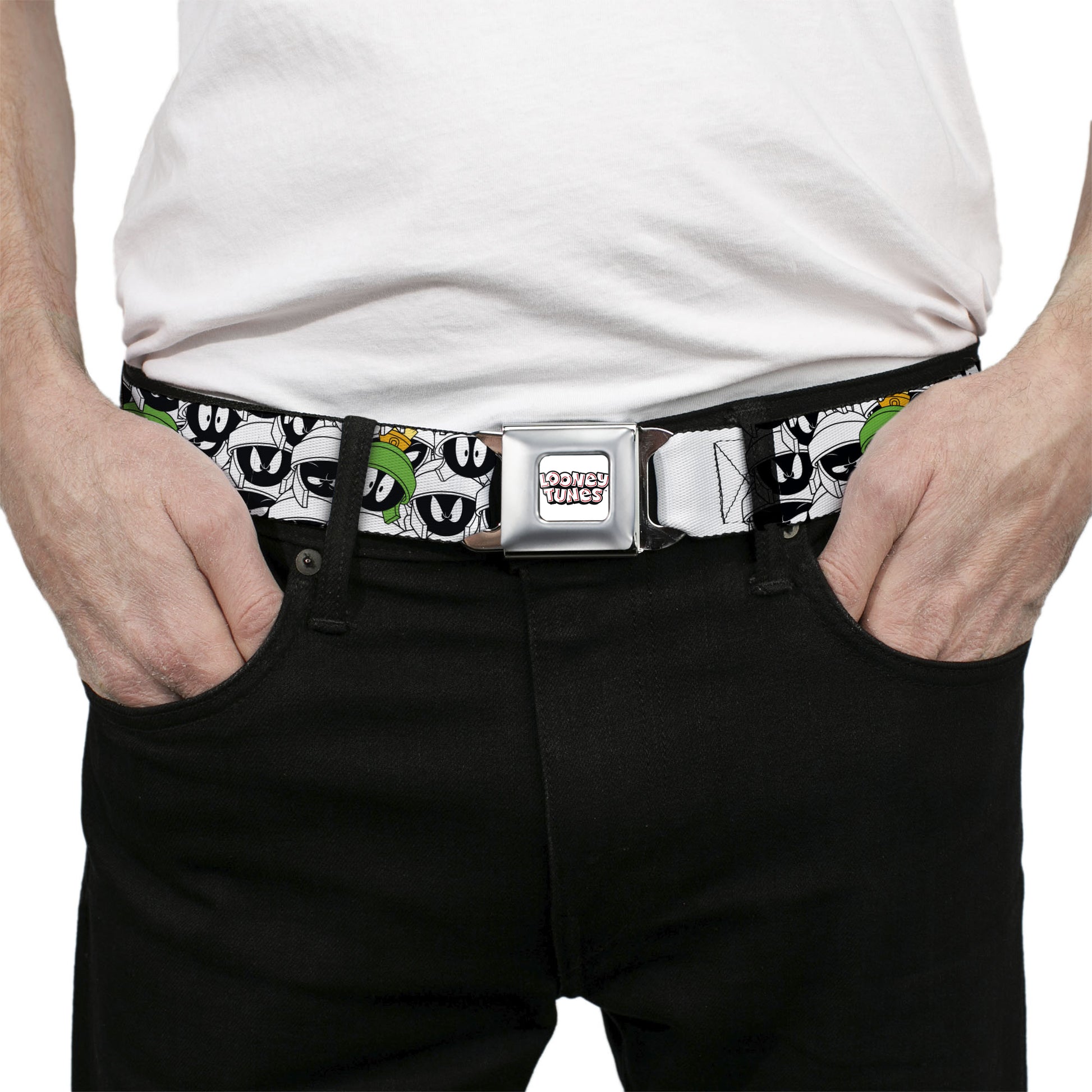LOONEY TUNES Text Title Logo Full Color White Seatbelt Belt - Marvin the Martian Faces Stacked White/Black/Full Color Webbing Seatbelt Belts Looney Tunes