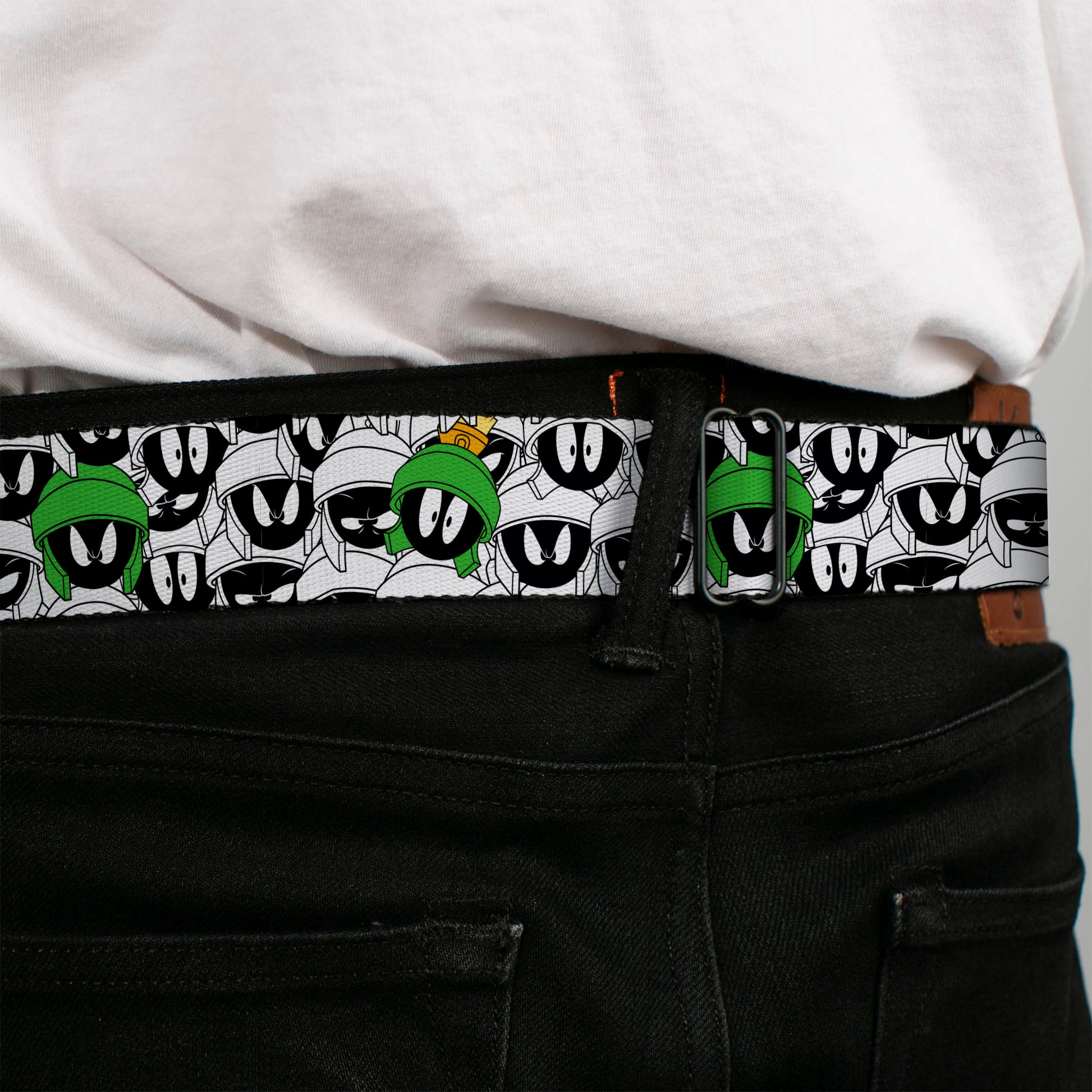 LOONEY TUNES Text Title Logo Full Color White Seatbelt Belt - Marvin the Martian Faces Stacked White/Black/Full Color Webbing Seatbelt Belts Looney Tunes