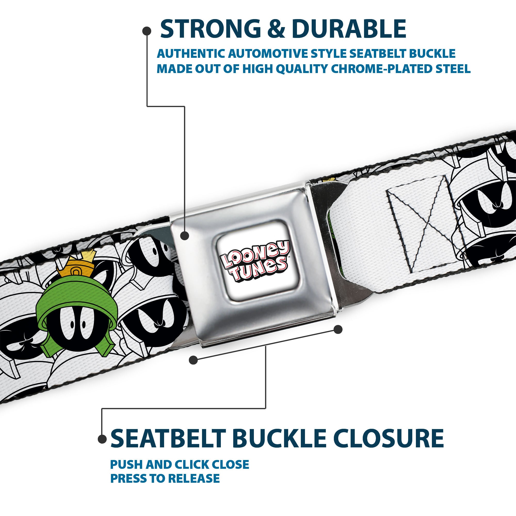 LOONEY TUNES Text Title Logo Full Color White Seatbelt Belt - Marvin the Martian Faces Stacked White/Black/Full Color Webbing Seatbelt Belts Looney Tunes