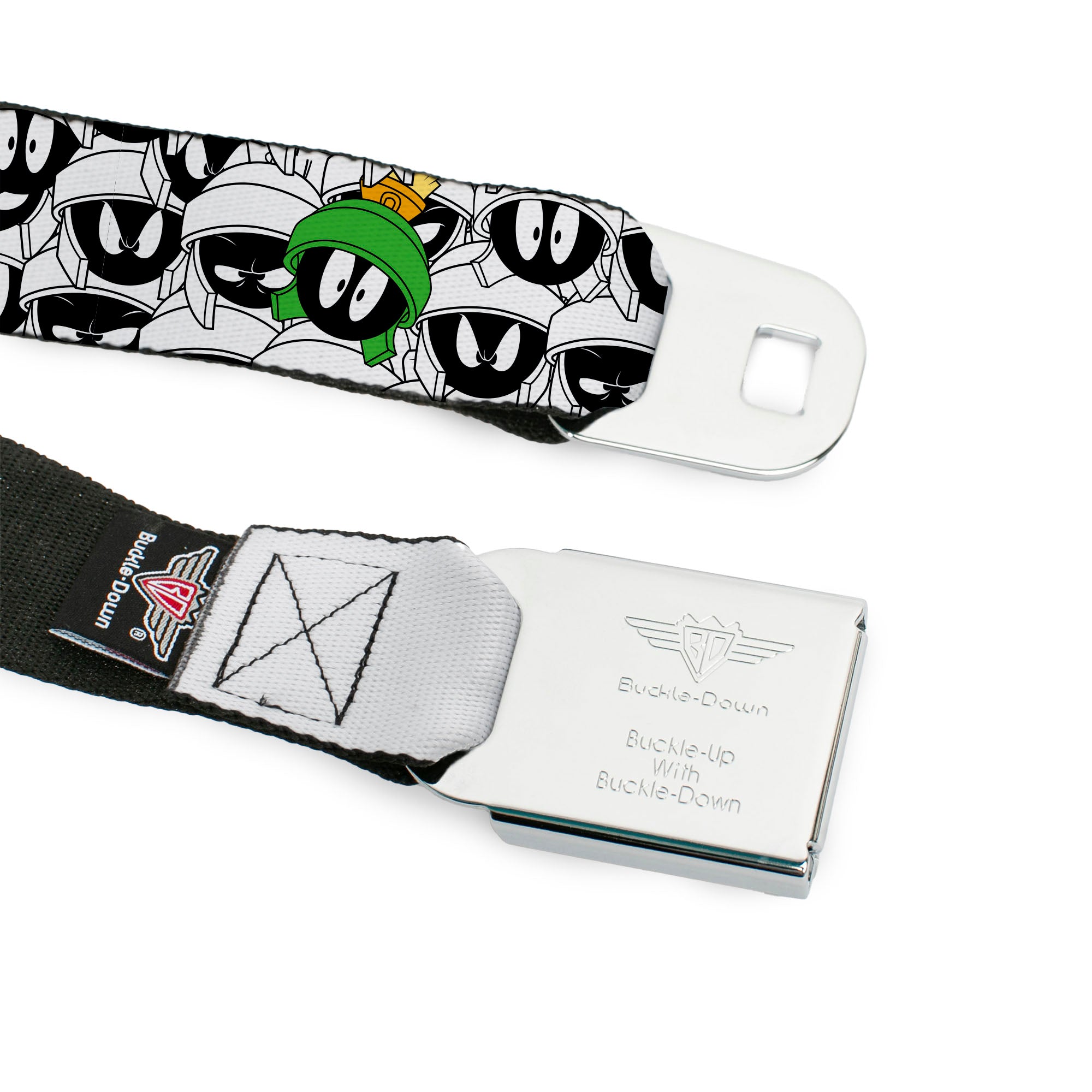 LOONEY TUNES Text Title Logo Full Color White Seatbelt Belt - Marvin the Martian Faces Stacked White/Black/Full Color Webbing Seatbelt Belts Looney Tunes