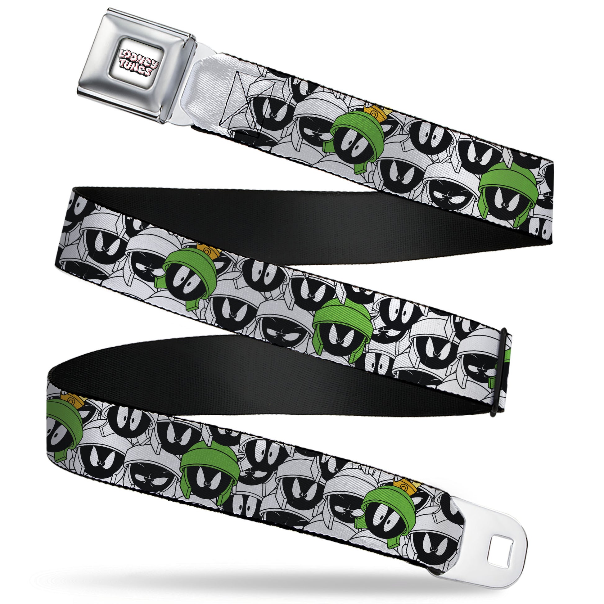 LOONEY TUNES Text Title Logo Full Color White Seatbelt Belt - Marvin the Martian Faces Stacked White/Black/Full Color Webbing Seatbelt Belts Looney Tunes