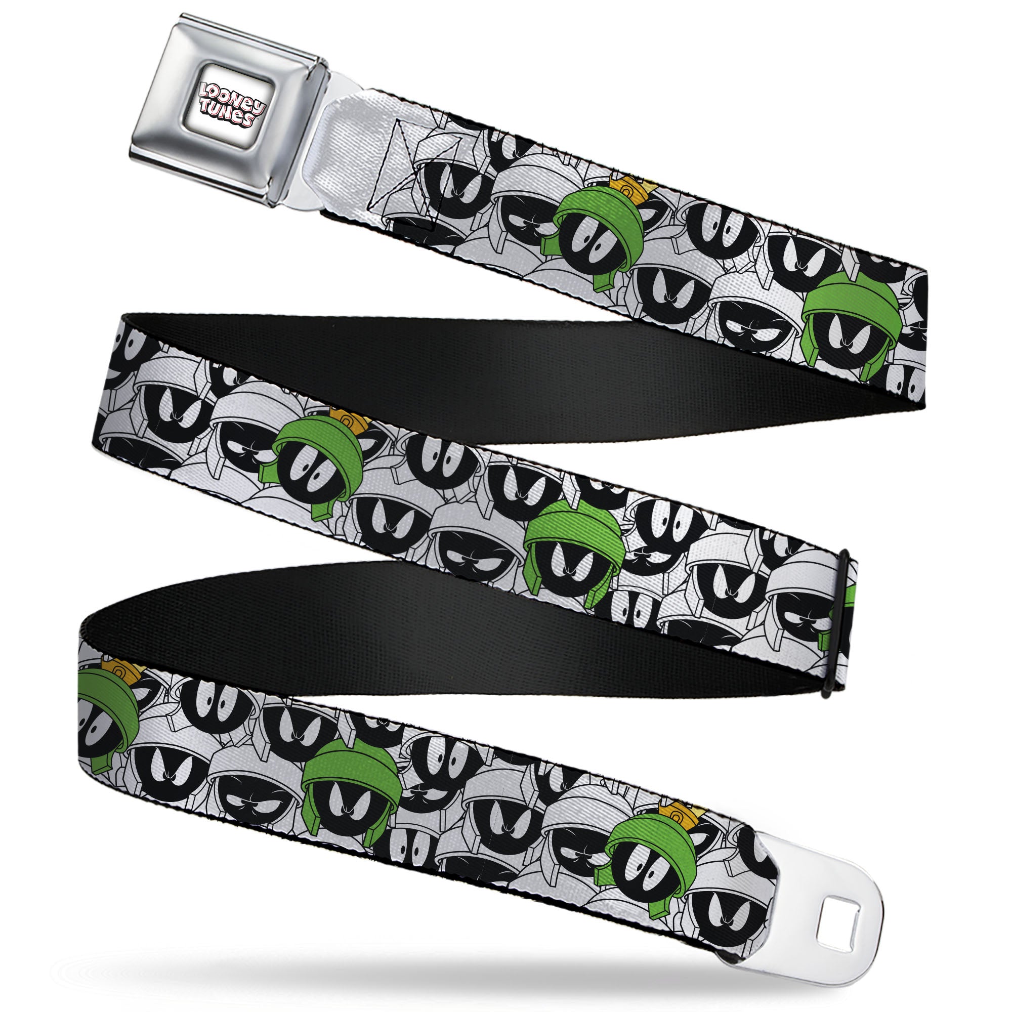 LOONEY TUNES Text Title Logo Full Color White Seatbelt Belt - Marvin the Martian Faces Stacked White/Black/Full Color Webbing Seatbelt Belts Looney Tunes