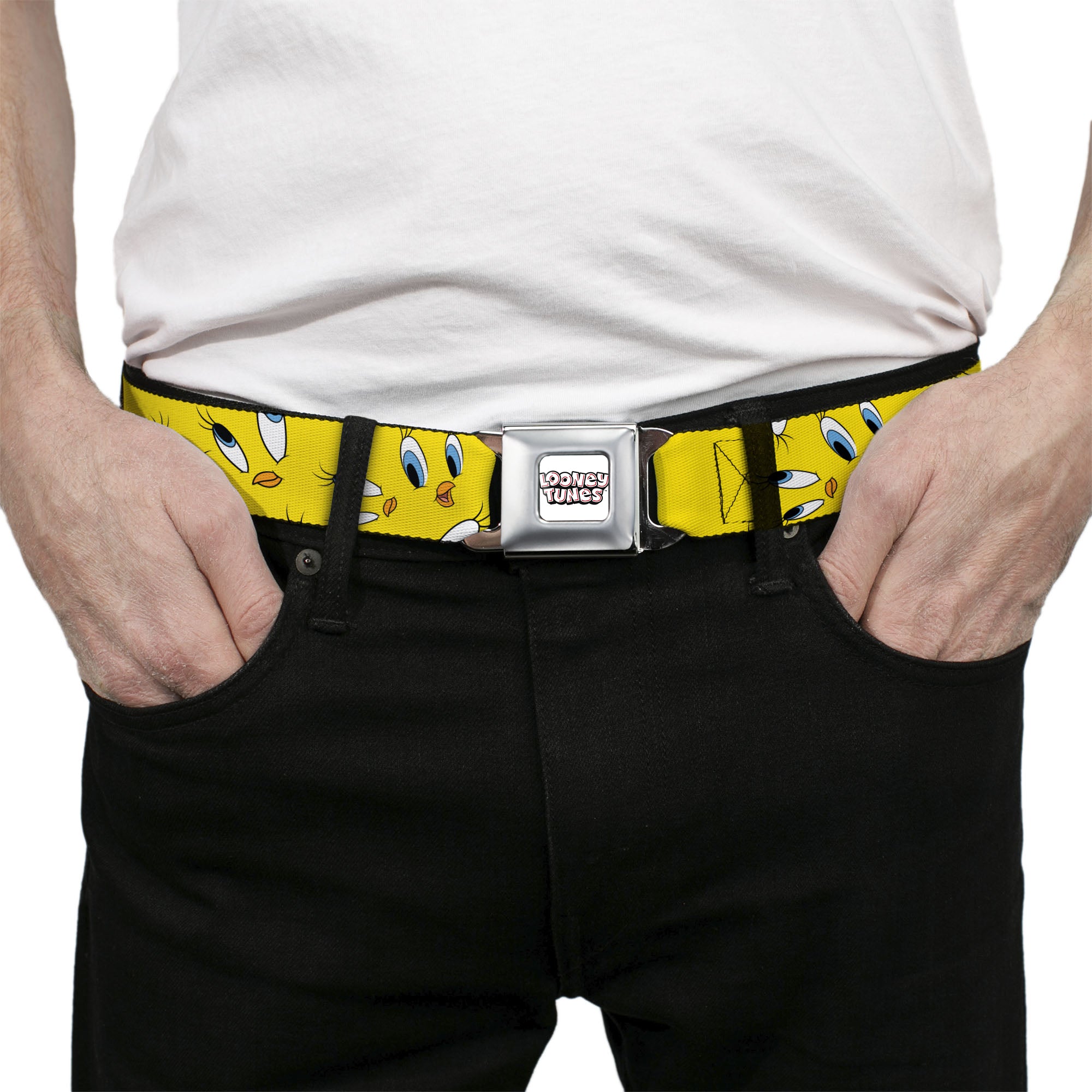 LOONEY TUNES Text Title Logo Full Color White Seatbelt Belt - Tweety Expression and Eyes Scattered Yellow Webbing Seatbelt Belts Looney Tunes