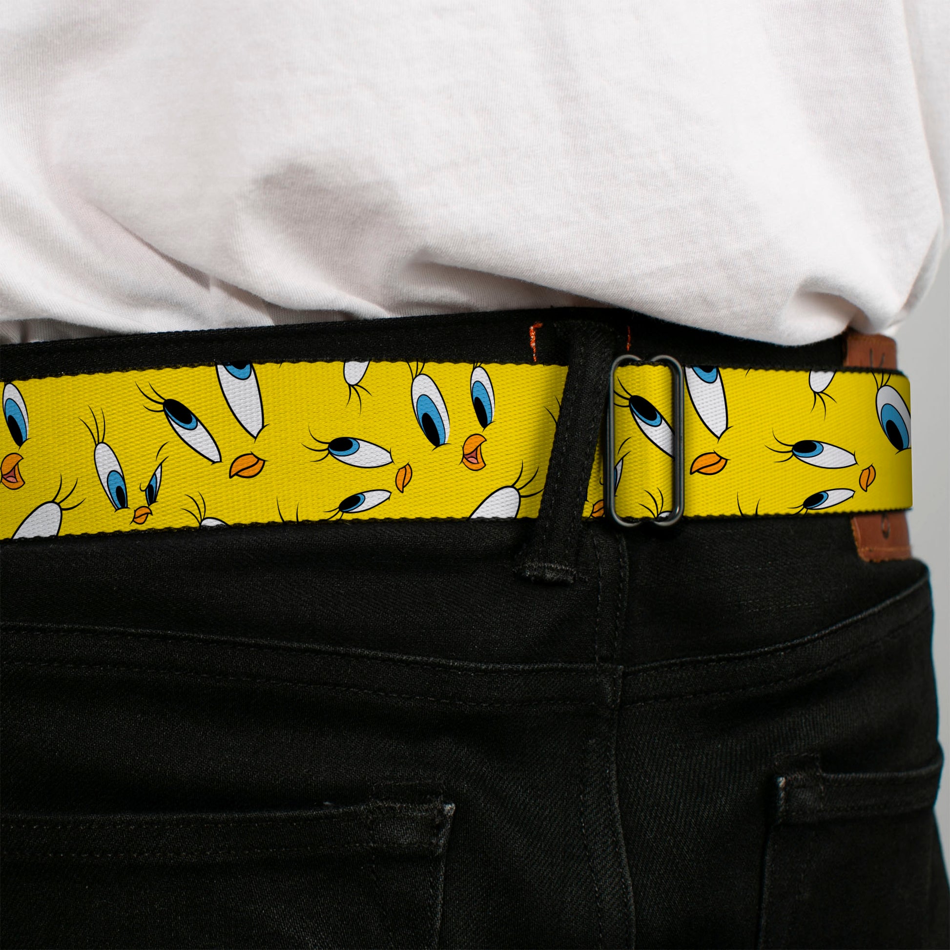 LOONEY TUNES Text Title Logo Full Color White Seatbelt Belt - Tweety Expression and Eyes Scattered Yellow Webbing Seatbelt Belts Looney Tunes