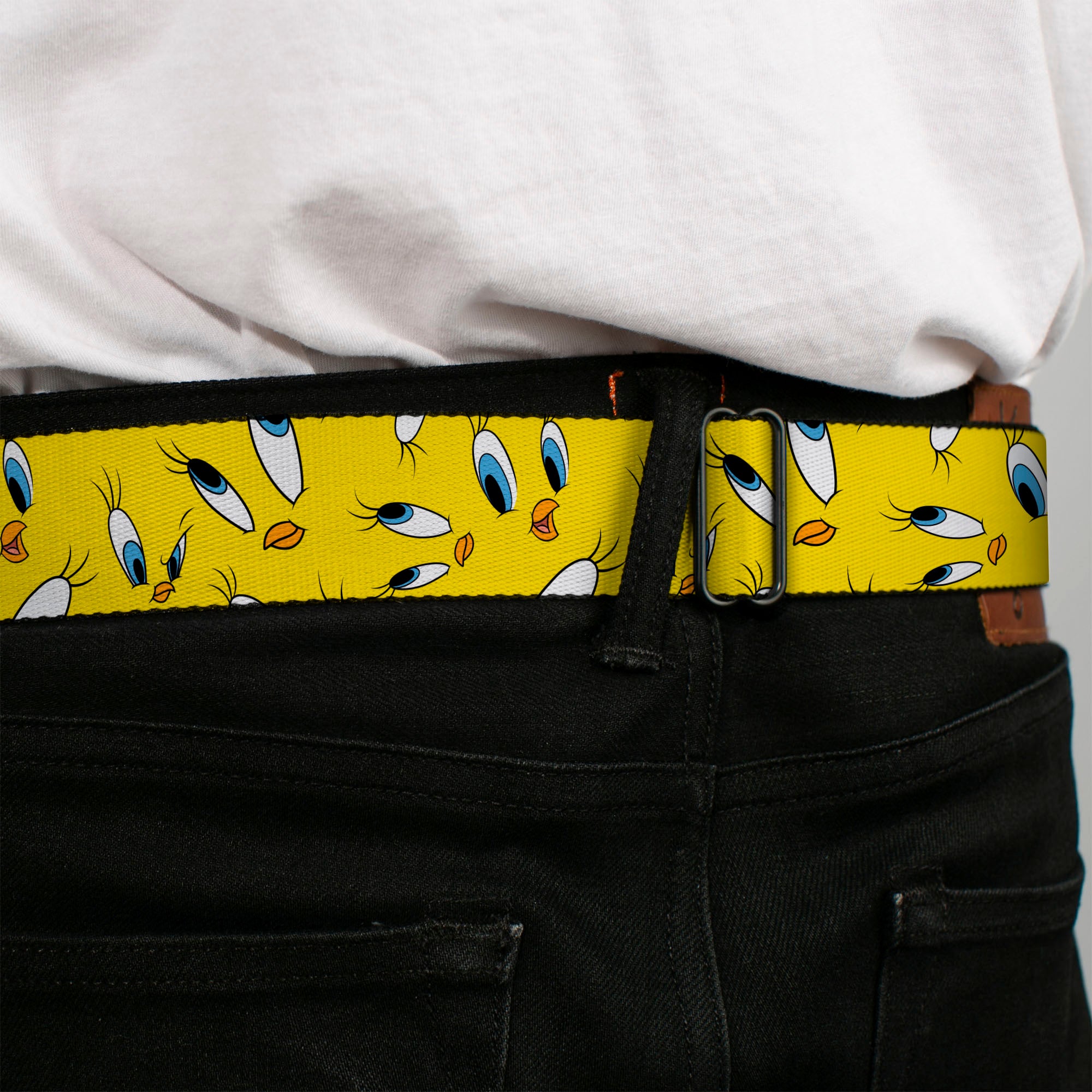 LOONEY TUNES Text Title Logo Full Color White Seatbelt Belt - Tweety Expression and Eyes Scattered Yellow Webbing Seatbelt Belts Looney Tunes