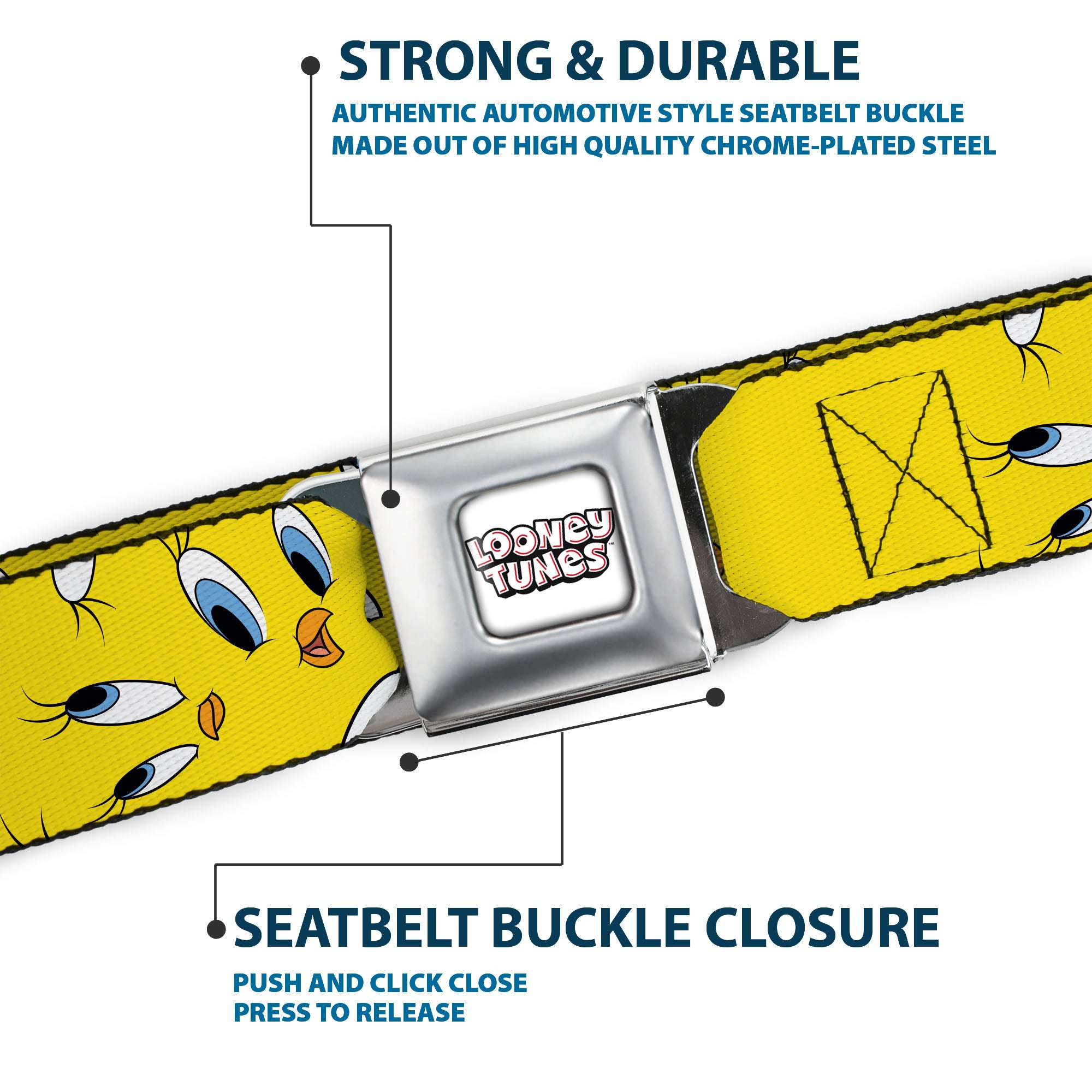 LOONEY TUNES Text Title Logo Full Color White Seatbelt Belt - Tweety Expression and Eyes Scattered Yellow Webbing Seatbelt Belts Looney Tunes