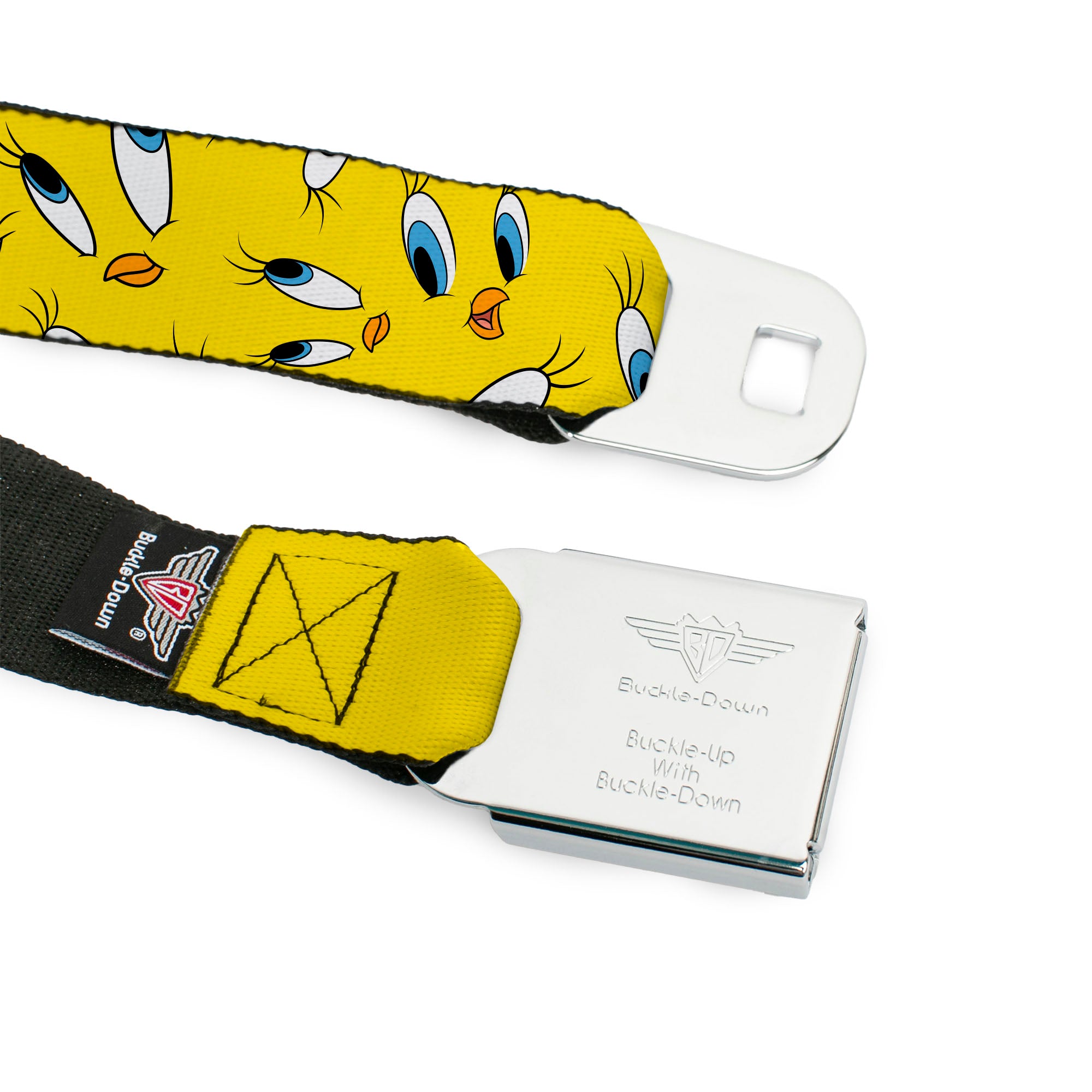 LOONEY TUNES Text Title Logo Full Color White Seatbelt Belt - Tweety Expression and Eyes Scattered Yellow Webbing Seatbelt Belts Looney Tunes