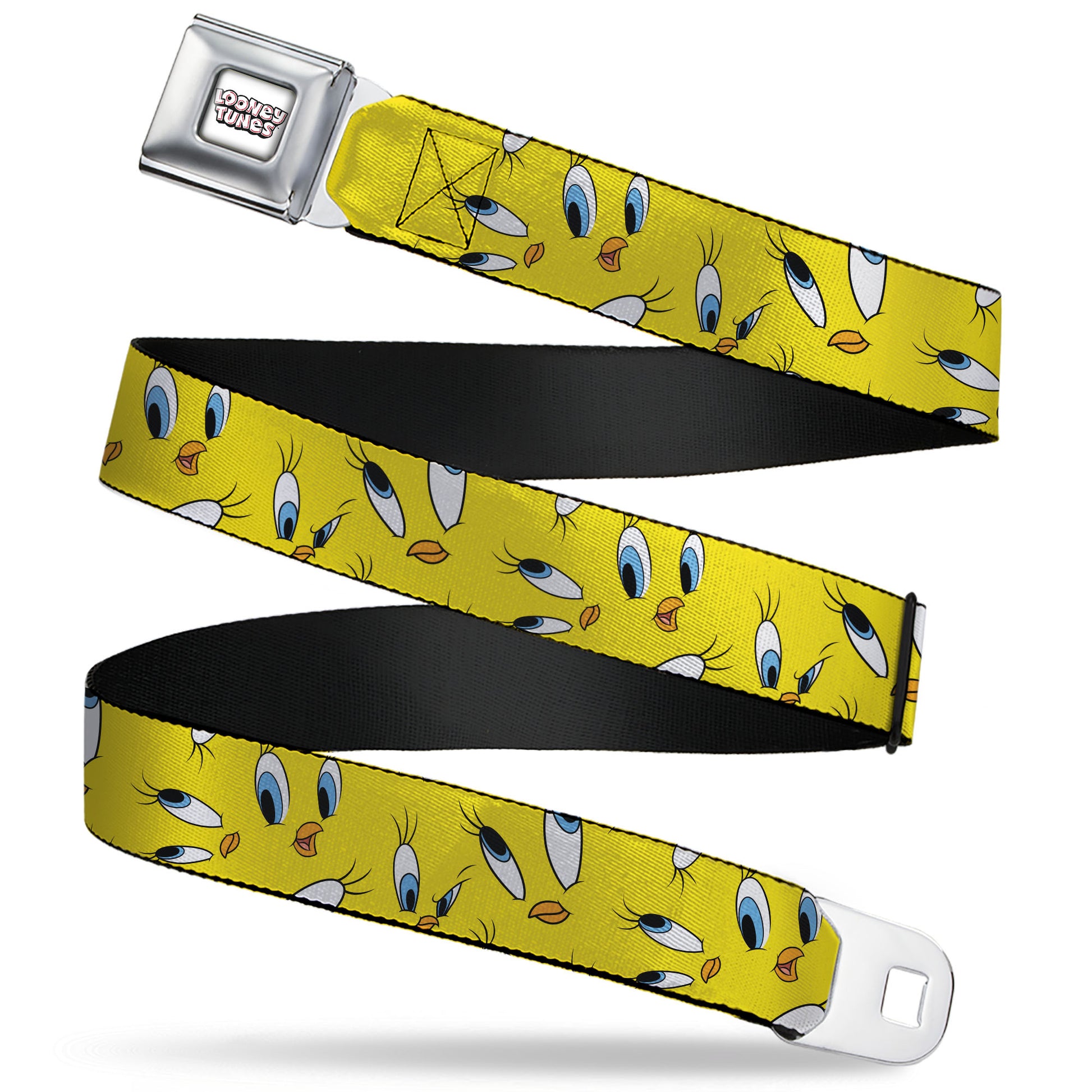 LOONEY TUNES Text Title Logo Full Color White Seatbelt Belt - Tweety Expression and Eyes Scattered Yellow Webbing Seatbelt Belts Looney Tunes