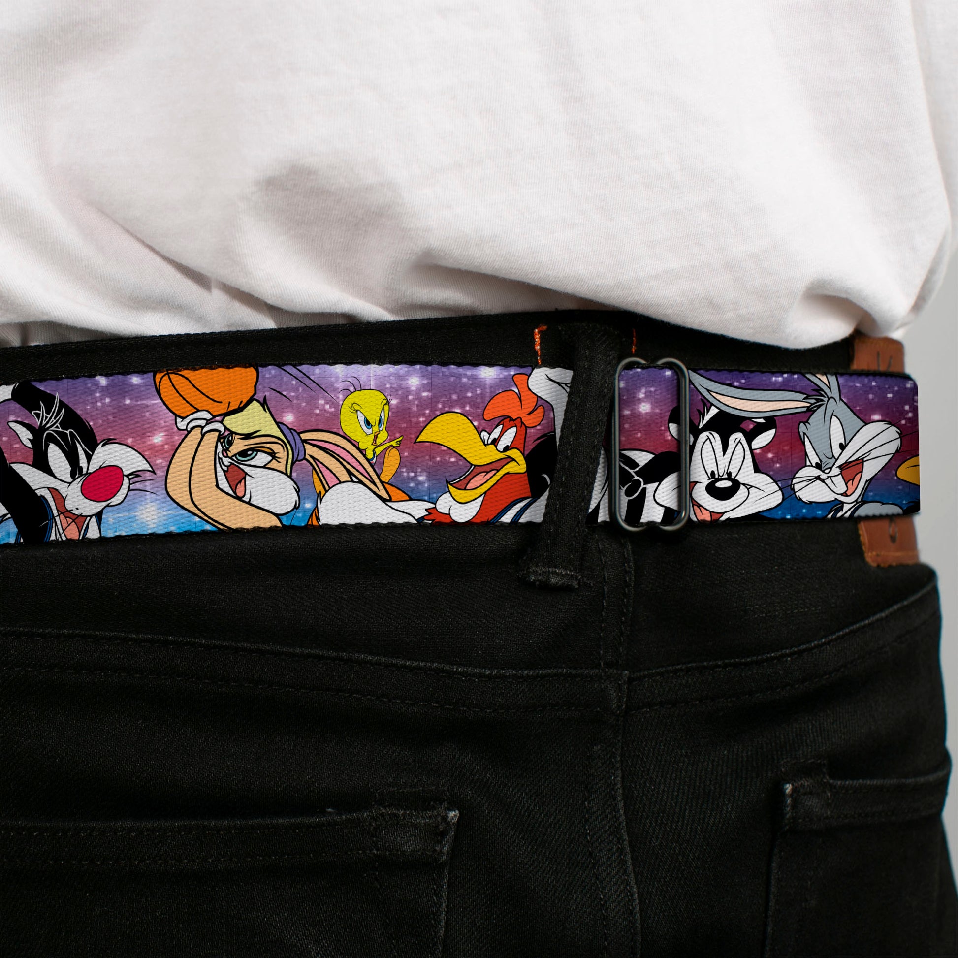 Space Jam Tune Squad Icon Full Color Black/Red/Blue Seatbelt Belt - Space Jam Tunes Squad 10-Players Group Pose Galaxy Webbing Seatbelt Belts Looney Tunes