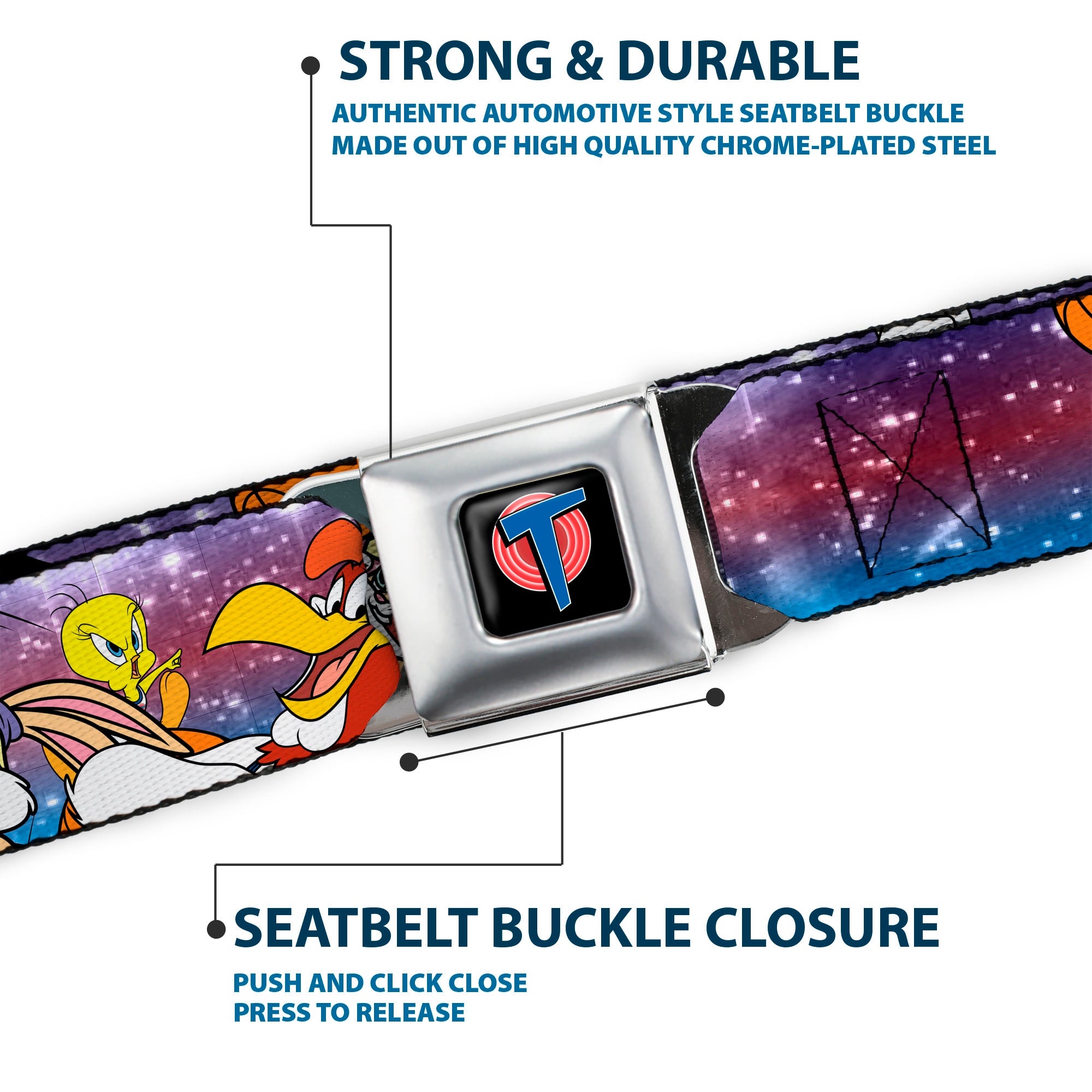 Space Jam Tune Squad Icon Full Color Black/Red/Blue Seatbelt Belt - Space Jam Tunes Squad 10-Players Group Pose Galaxy Webbing Seatbelt Belts Looney Tunes