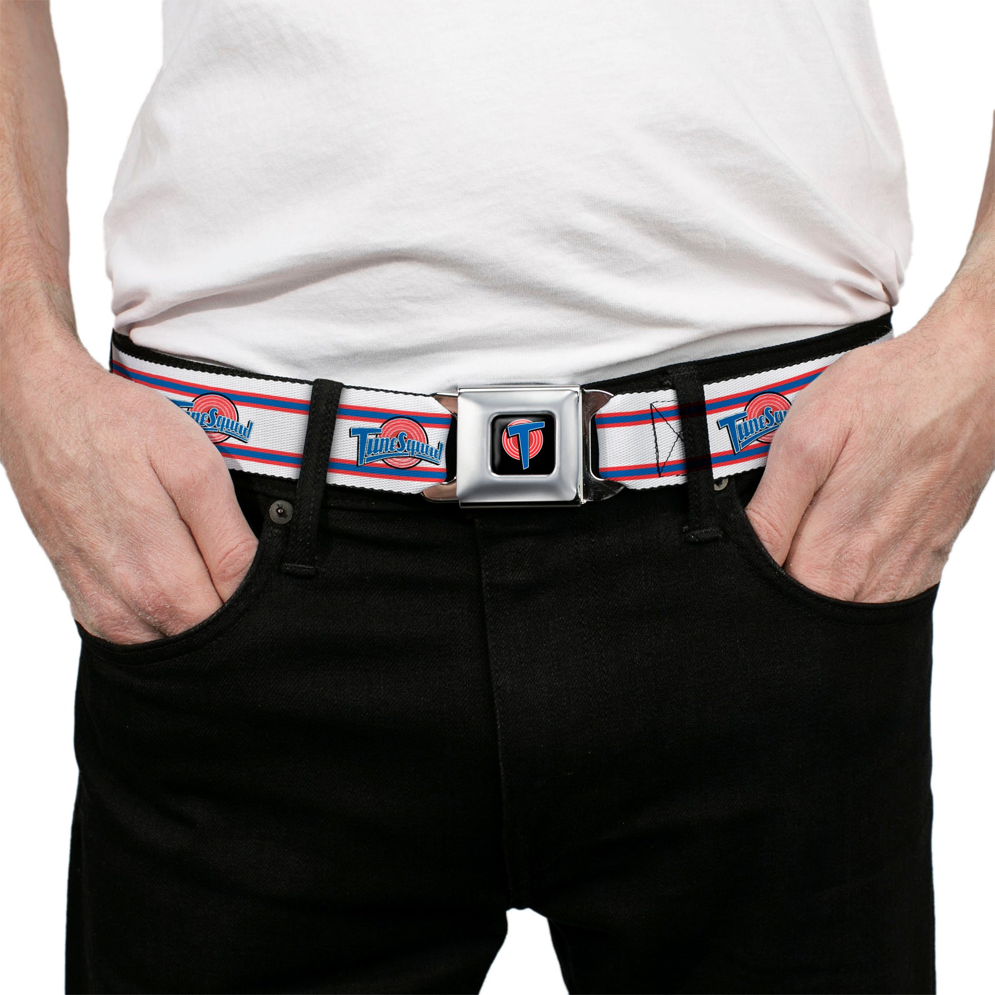 Space Jam Tune Squad Icon Full Color Black/Red/Blue Seatbelt Belt - Space Jam TUNE SQUAD Logo Stripe White/Red/Blue Webbing Seatbelt Belts Looney Tunes
