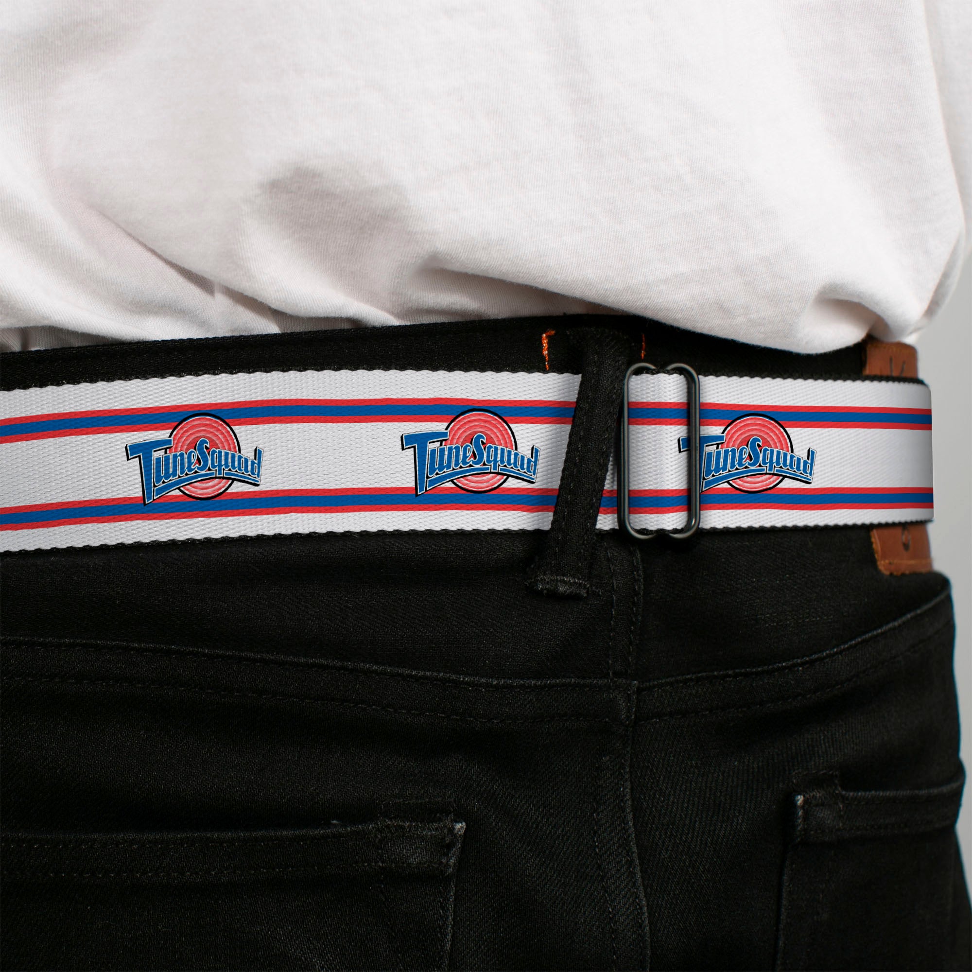 Space Jam Tune Squad Icon Full Color Black/Red/Blue Seatbelt Belt - Space Jam TUNE SQUAD Logo Stripe White/Red/Blue Webbing Seatbelt Belts Looney Tunes
