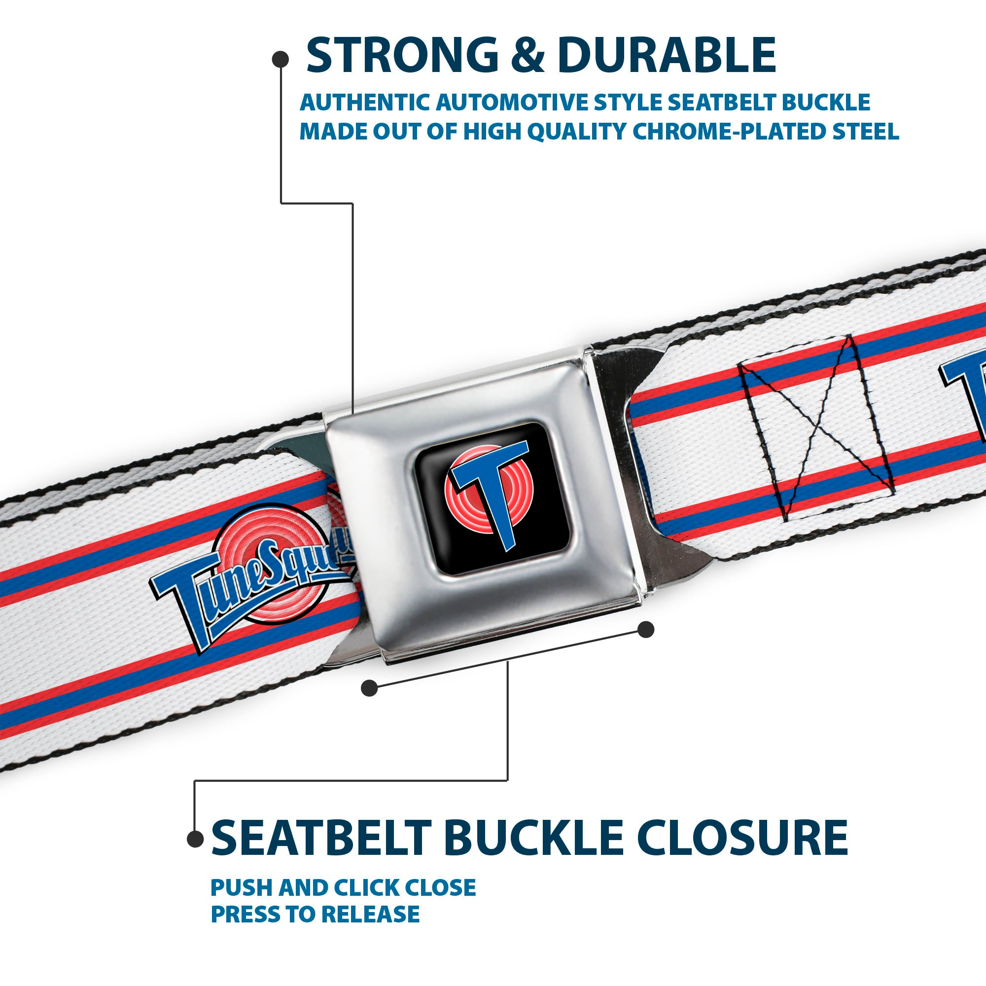 Space Jam Tune Squad Icon Full Color Black/Red/Blue Seatbelt Belt - Space Jam TUNE SQUAD Logo Stripe White/Red/Blue Webbing Seatbelt Belts Looney Tunes