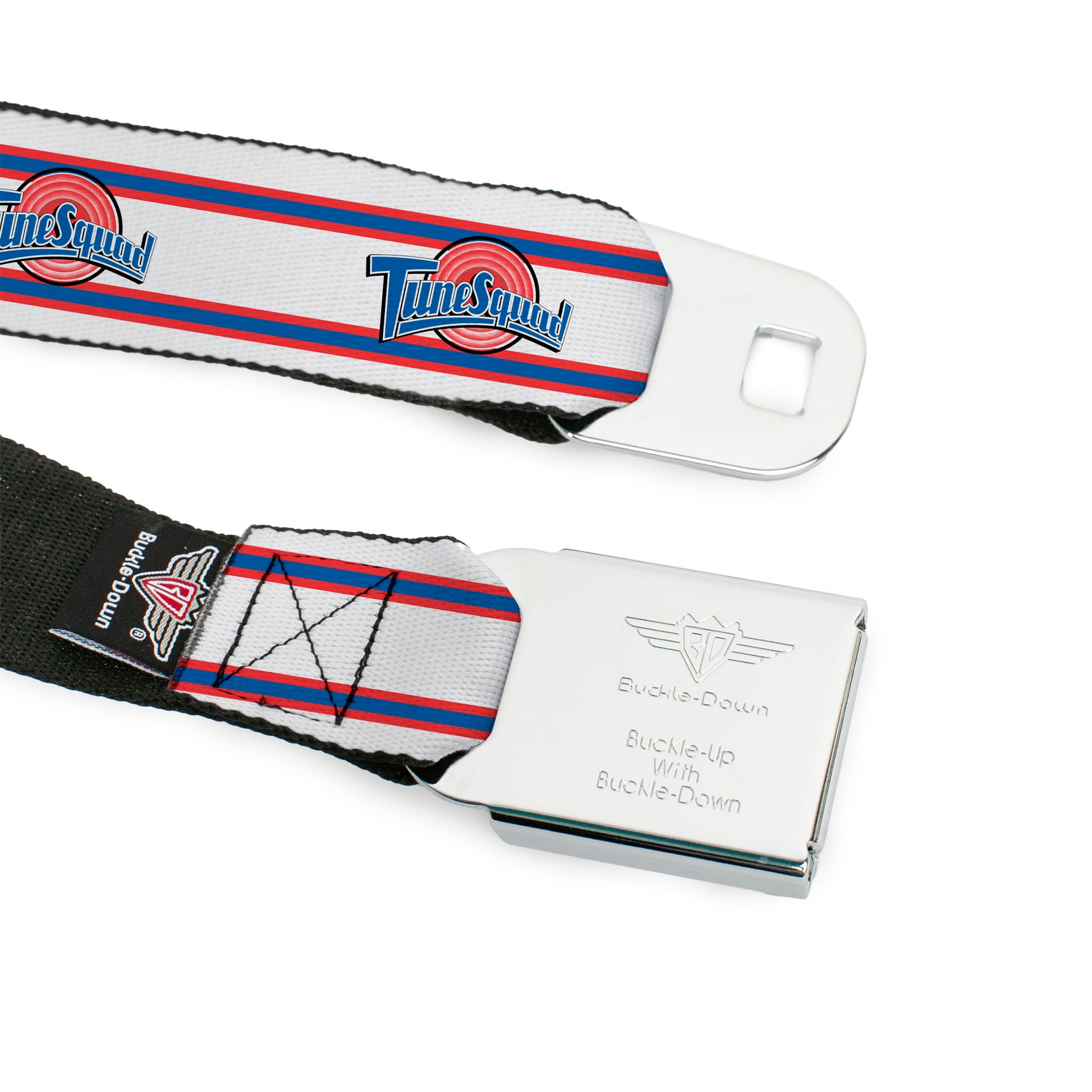 Space Jam Tune Squad Icon Full Color Black/Red/Blue Seatbelt Belt - Space Jam TUNE SQUAD Logo Stripe White/Red/Blue Webbing Seatbelt Belts Looney Tunes