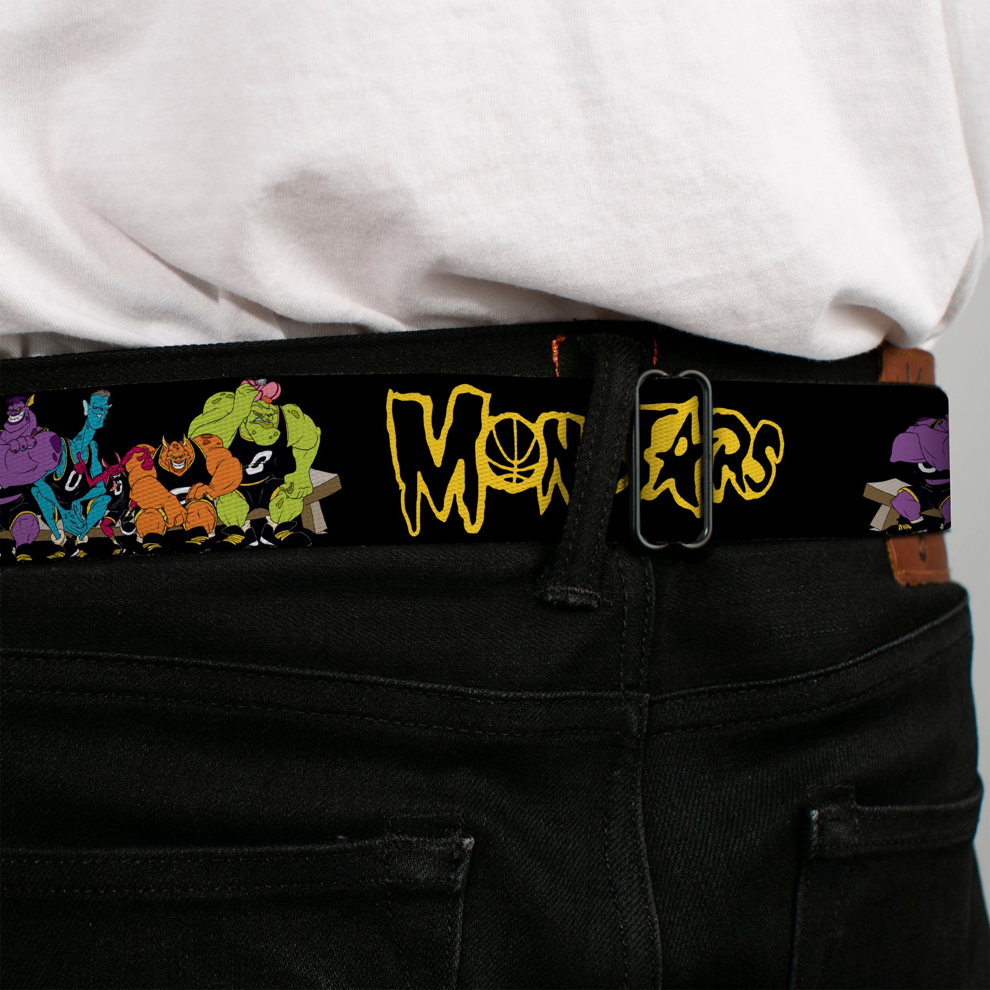 Space Jam MONSTARS Logo Black/Yellow Seatbelt Belt - Space Jam MONSTARS Logo/5-Character Group Pose Black/Yellow Webbing Seatbelt Belts Looney Tunes