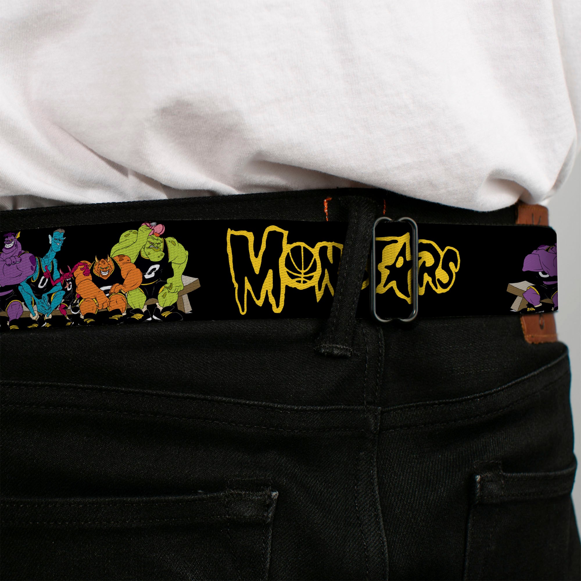 Space Jam MONSTARS Logo Black/Yellow Seatbelt Belt - Space Jam MONSTARS Logo/5-Character Group Pose Black/Yellow Webbing Seatbelt Belts Looney Tunes