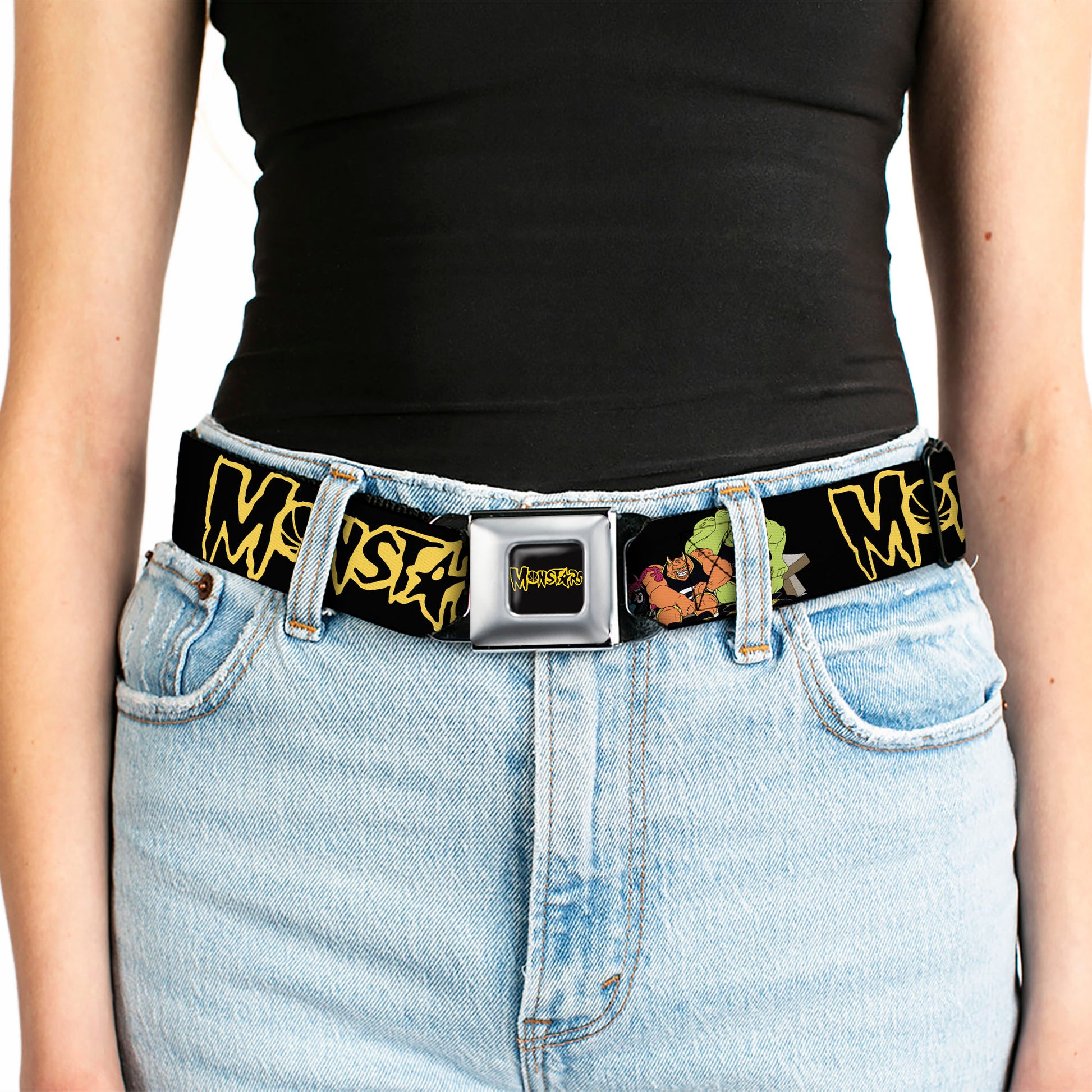 Space Jam MONSTARS Logo Black/Yellow Seatbelt Belt - Space Jam MONSTARS Logo/5-Character Group Pose Black/Yellow Webbing Seatbelt Belts Looney Tunes