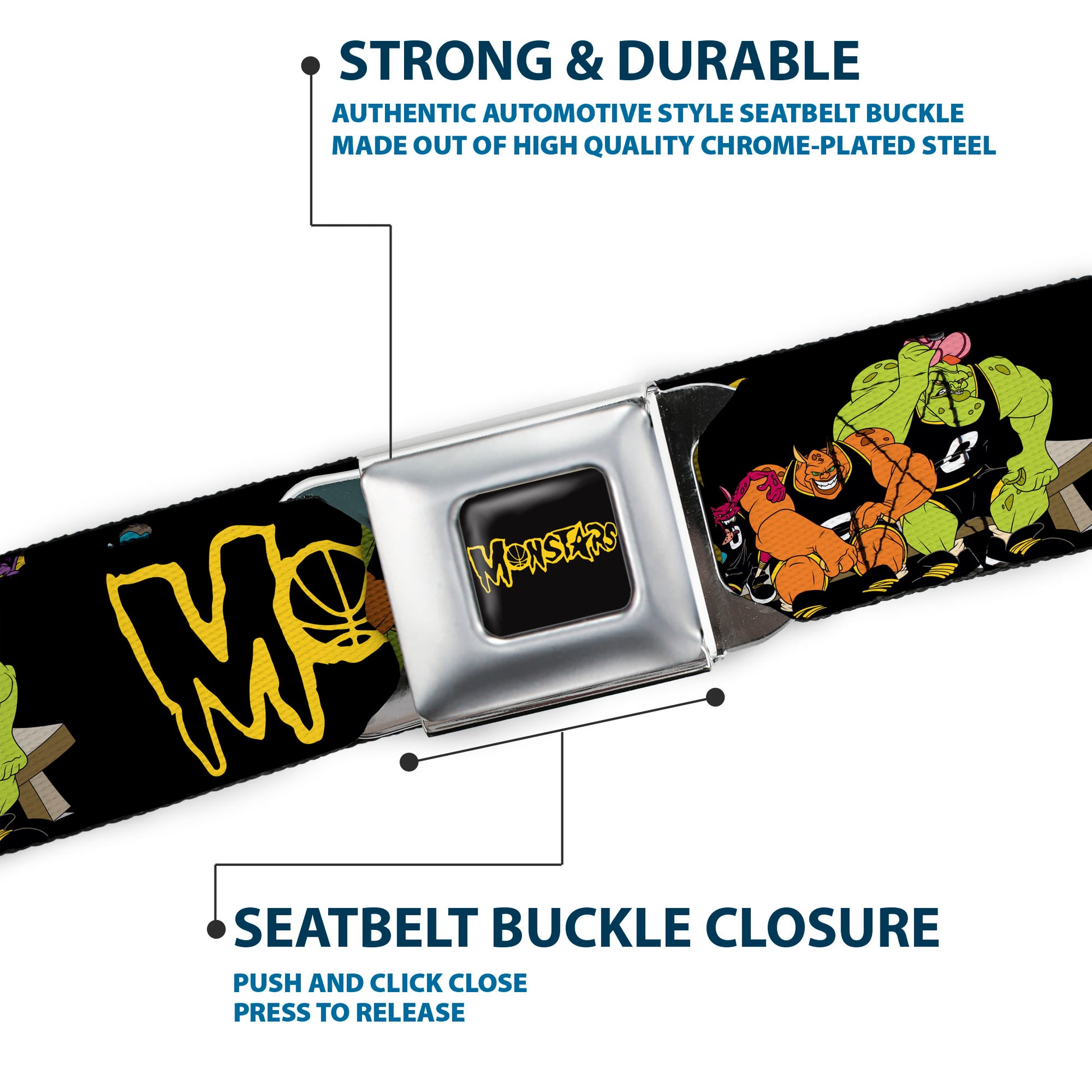 Space Jam MONSTARS Logo Black/Yellow Seatbelt Belt - Space Jam MONSTARS Logo/5-Character Group Pose Black/Yellow Webbing Seatbelt Belts Looney Tunes