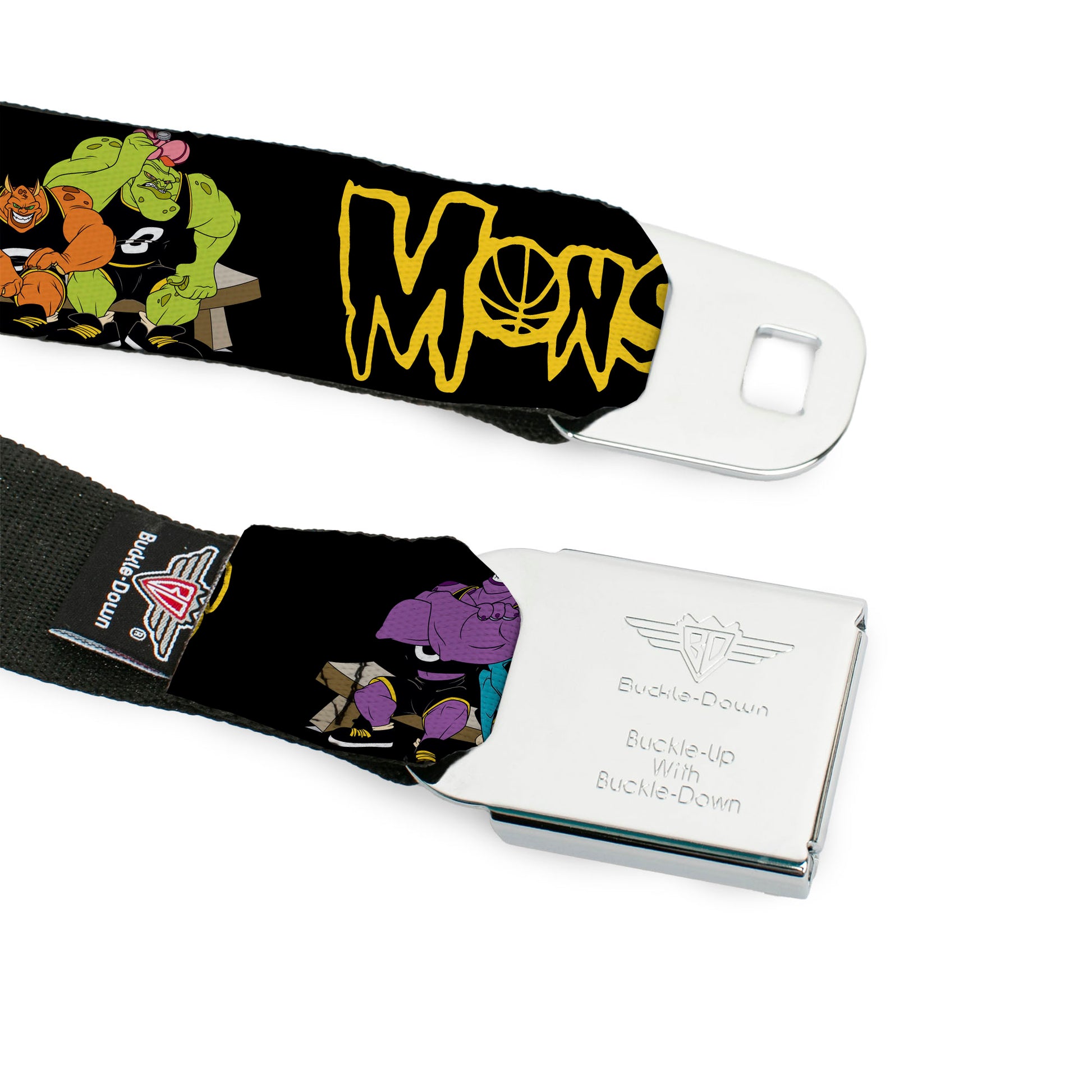 Space Jam MONSTARS Logo Black/Yellow Seatbelt Belt - Space Jam MONSTARS Logo/5-Character Group Pose Black/Yellow Webbing Seatbelt Belts Looney Tunes