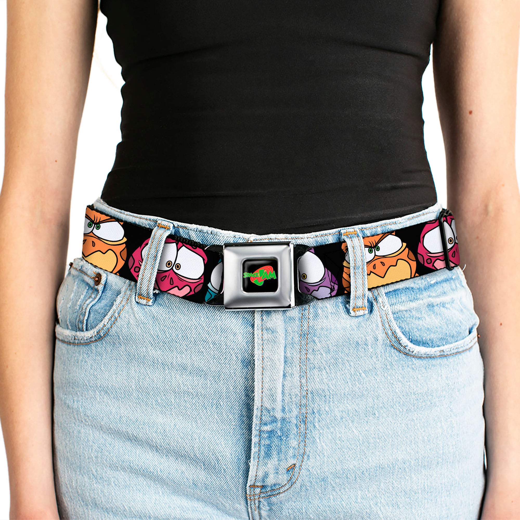SPACE JAM Logo Full Color Black/Red/Green Seatbelt Belt - Space Jam Nerdlucks Faces CLOSE-UP Black Webbing Seatbelt Belts Looney Tunes