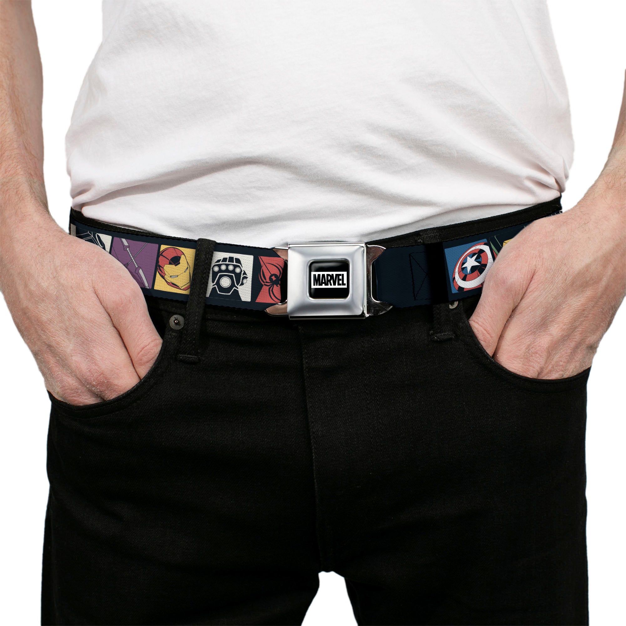 MARVEL Brick Logo Full Color Black/White Seatbelt Belt - Marvel Comics Avengers Icon Blocks Webbing