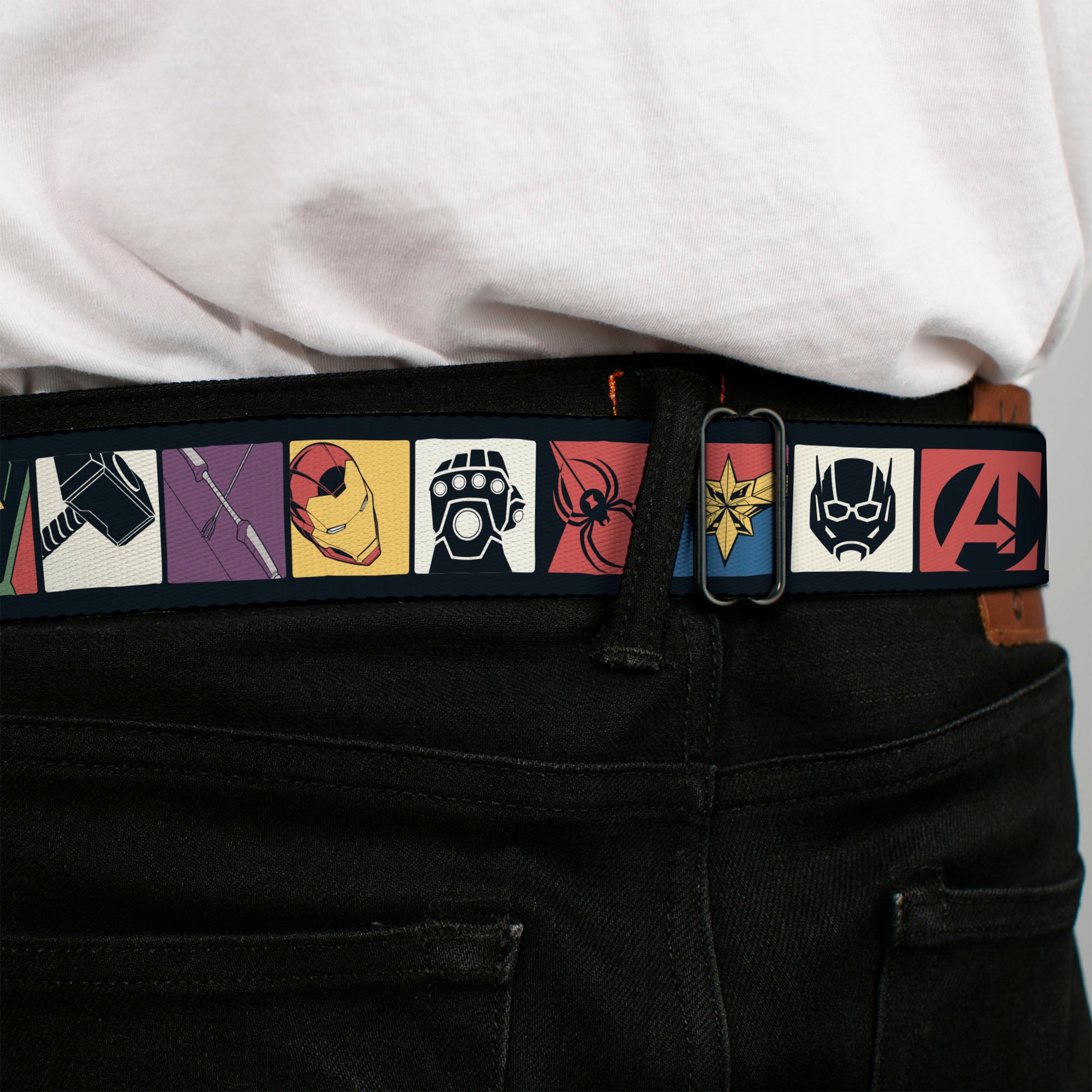MARVEL Brick Logo Full Color Black/White Seatbelt Belt - Marvel Comics Avengers Icon Blocks Webbing