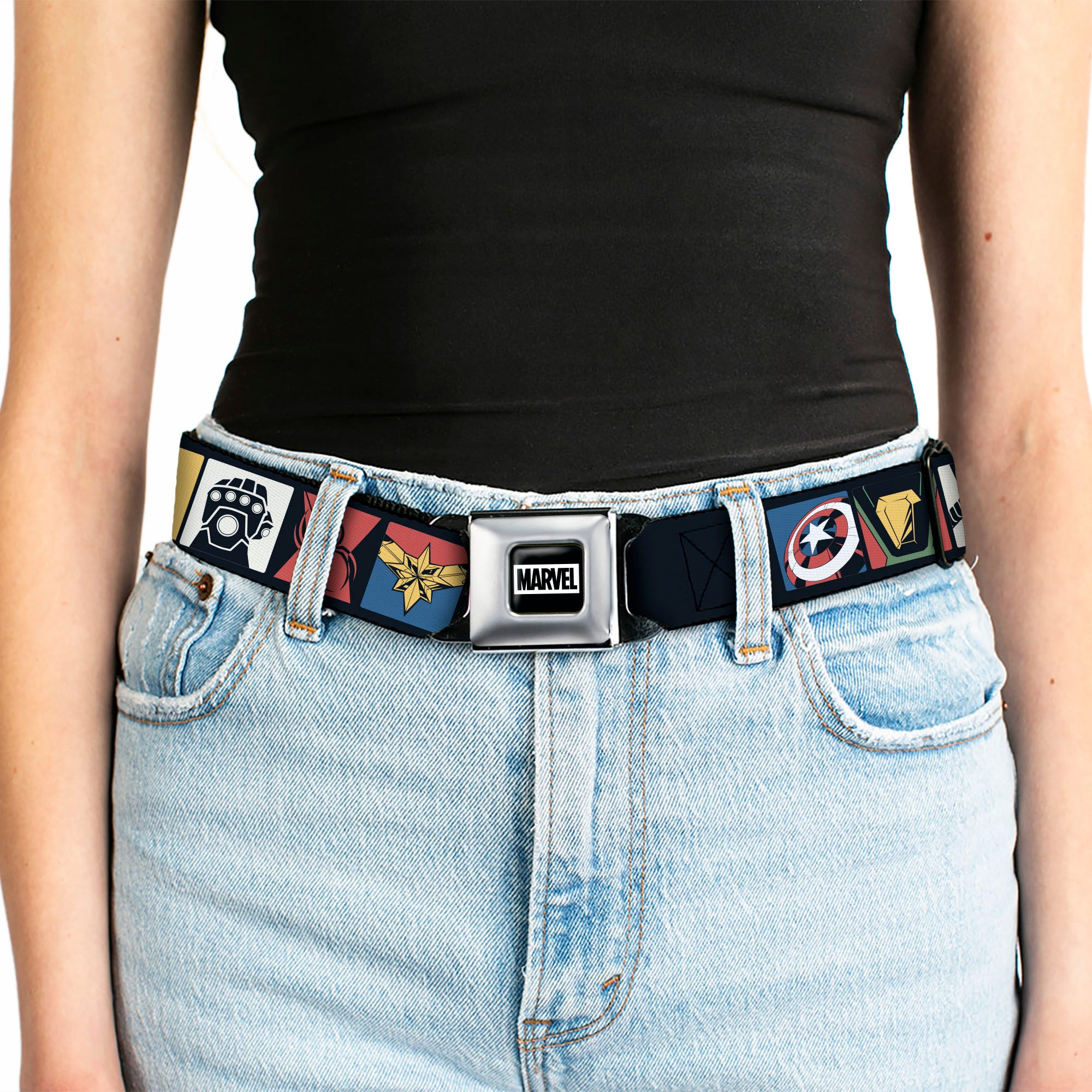 MARVEL Brick Logo Full Color Black/White Seatbelt Belt - Marvel Comics Avengers Icon Blocks Webbing