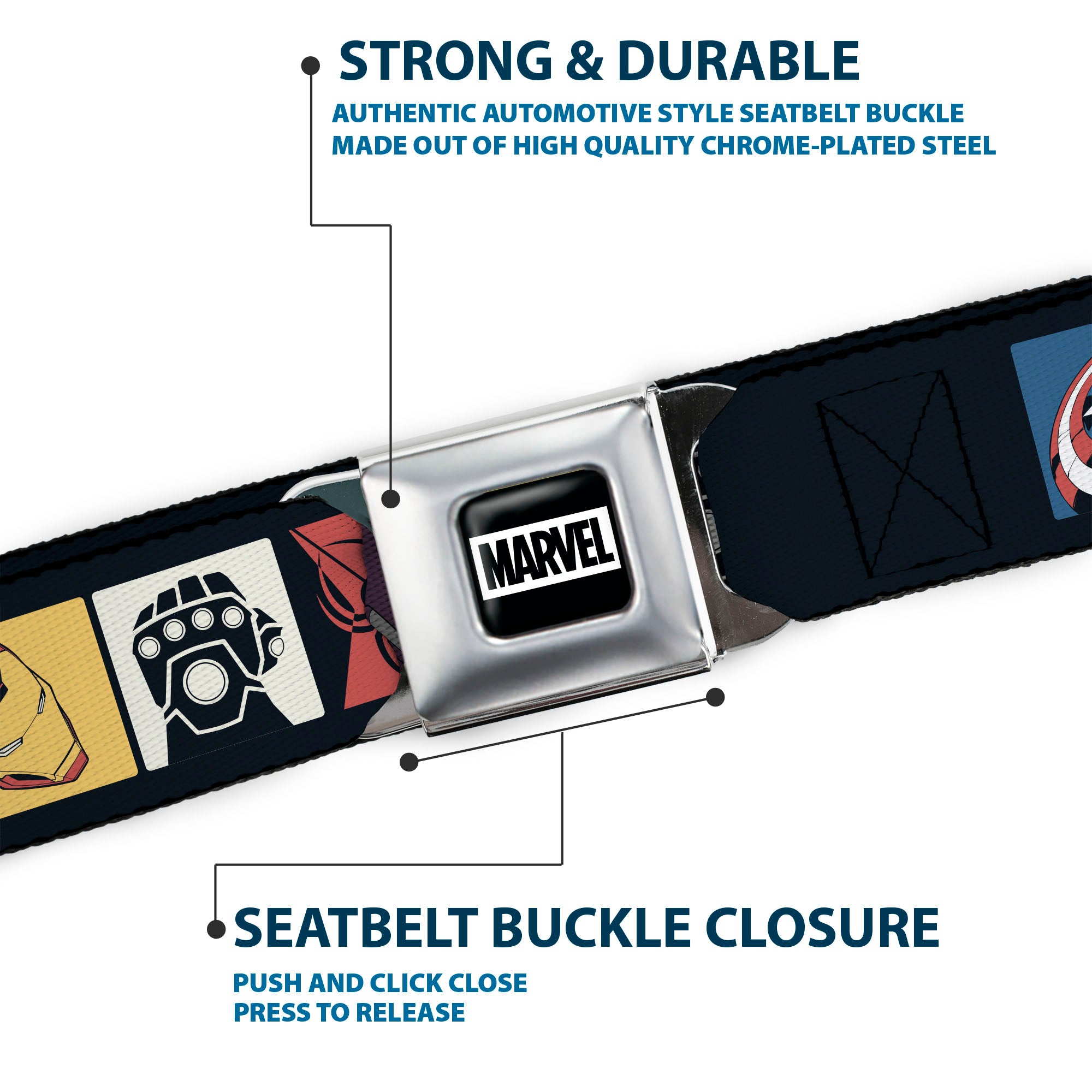 MARVEL Brick Logo Full Color Black/White Seatbelt Belt - Marvel Comics Avengers Icon Blocks Webbing