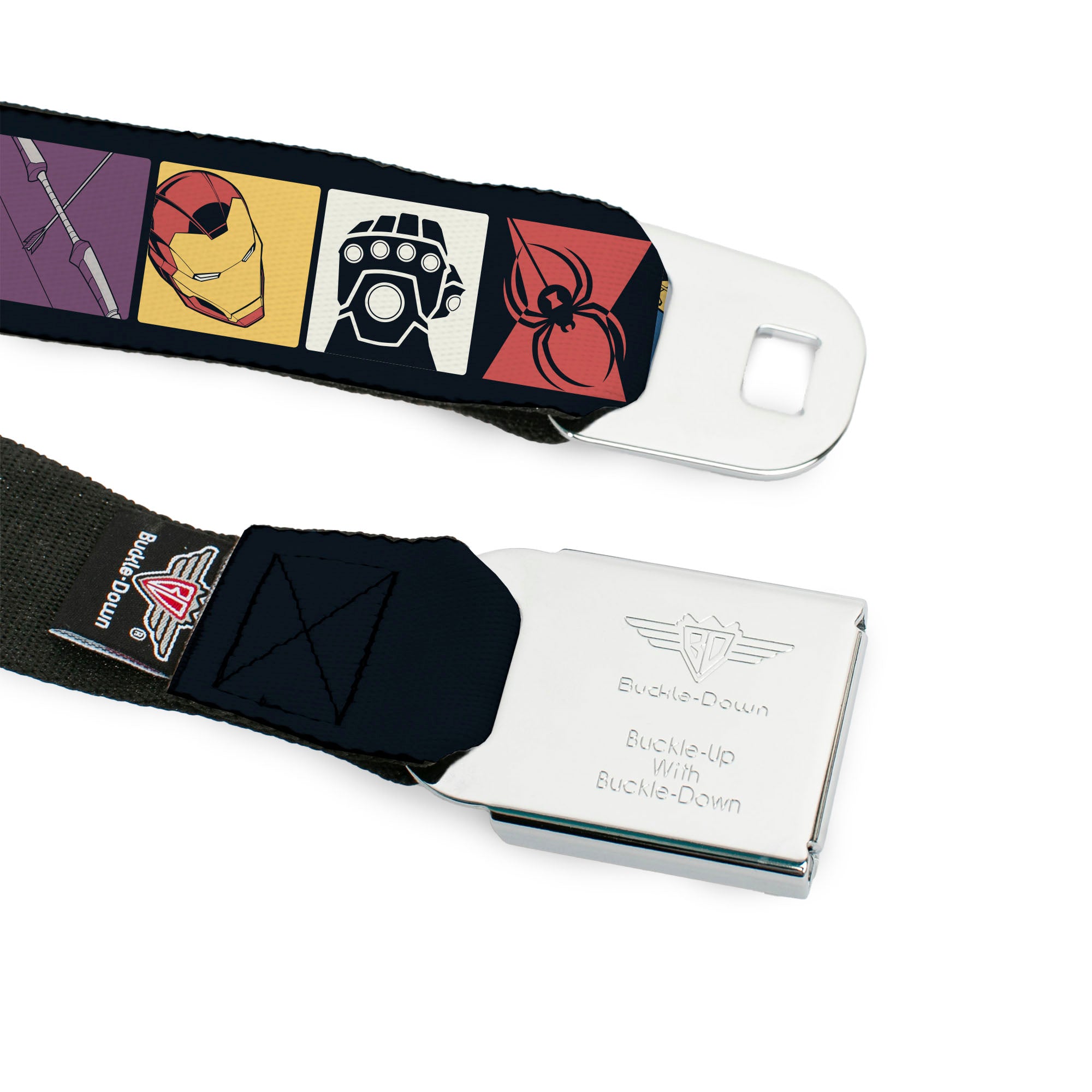 MARVEL Brick Logo Full Color Black/White Seatbelt Belt - Marvel Comics Avengers Icon Blocks Webbing