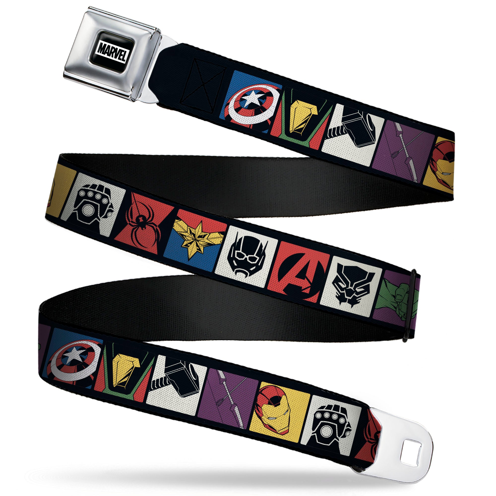 MARVEL Brick Logo Full Color Black/White Seatbelt Belt - Marvel Comics Avengers Icon Blocks Webbing