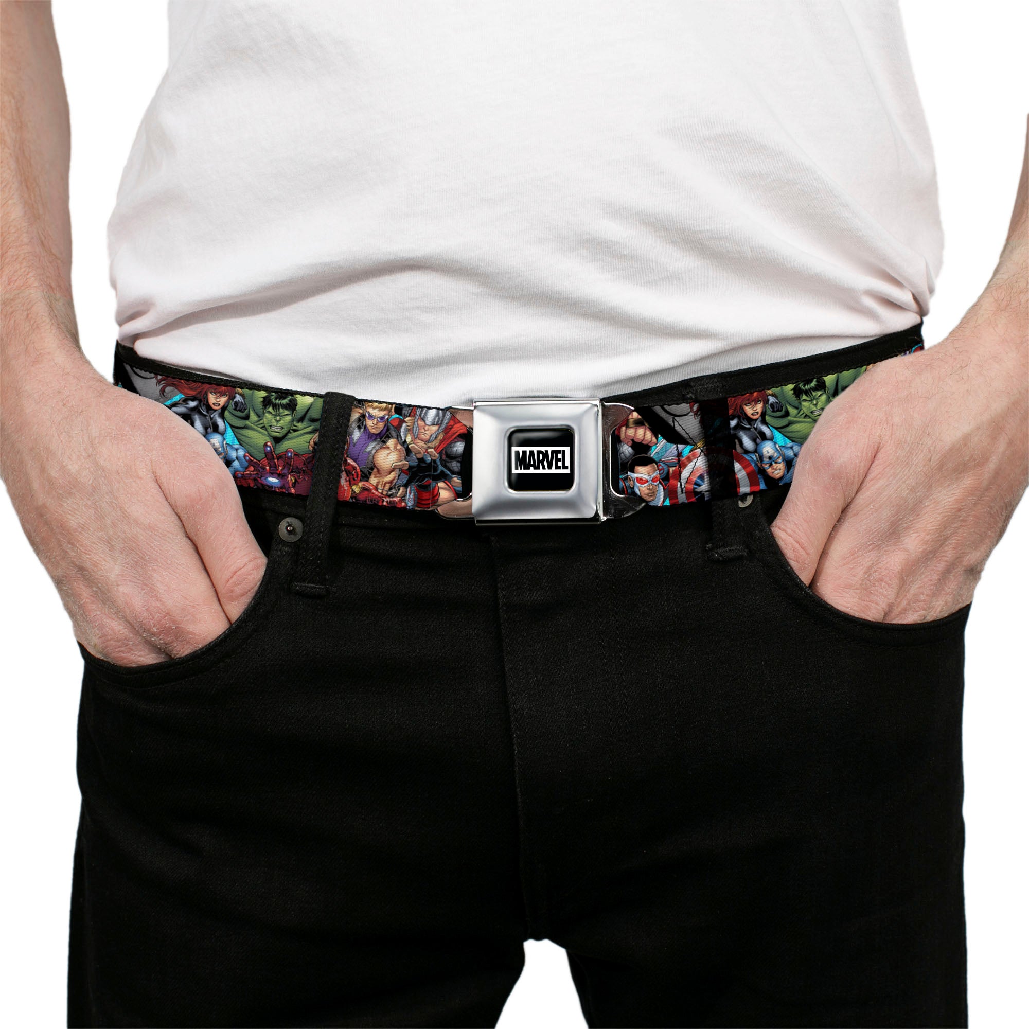 MARVEL Brick Logo Full Color Black/White Seatbelt Belt - Marvel Comics Avengers Superhero Poses Stacked Webbing