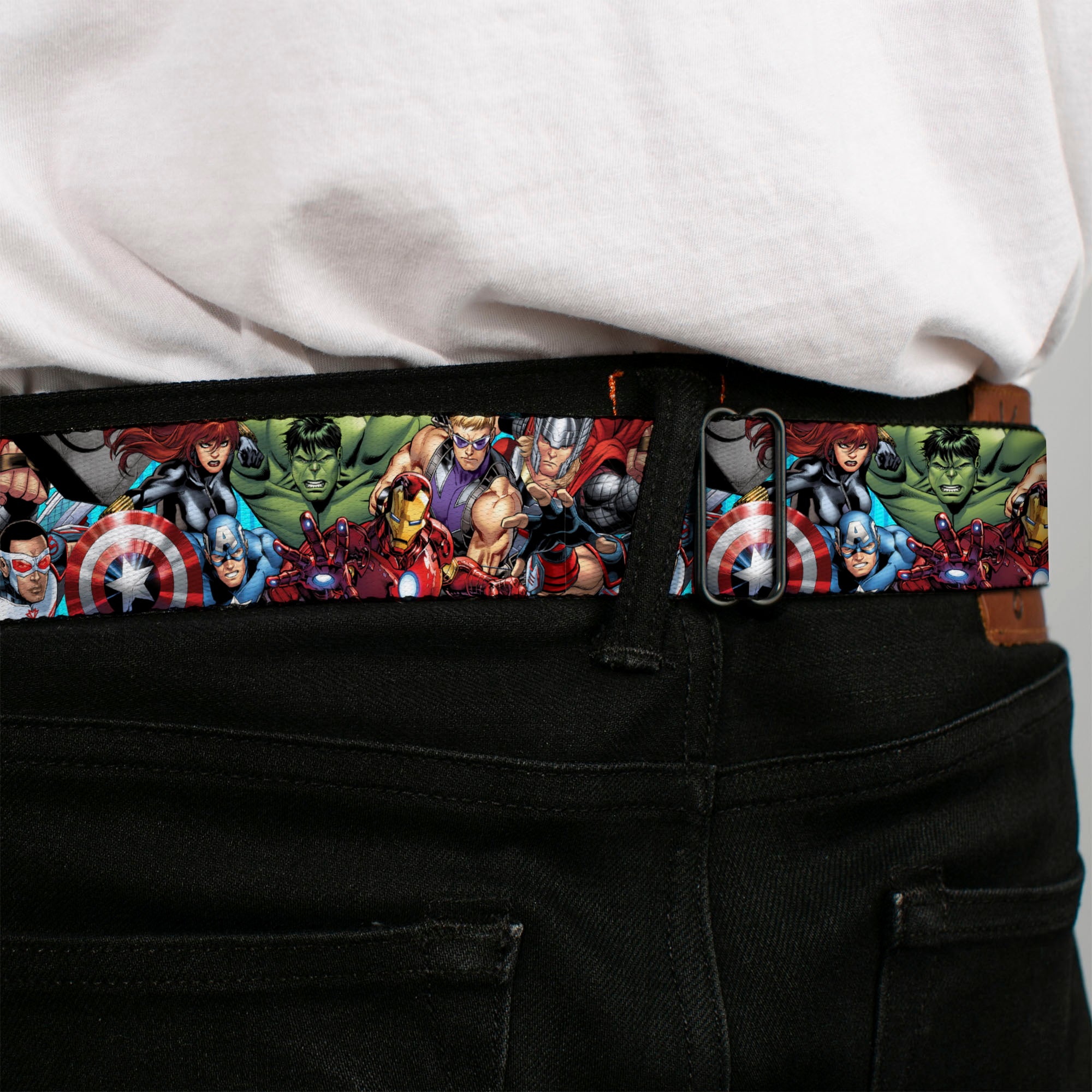 MARVEL Brick Logo Full Color Black/White Seatbelt Belt - Marvel Comics Avengers Superhero Poses Stacked Webbing