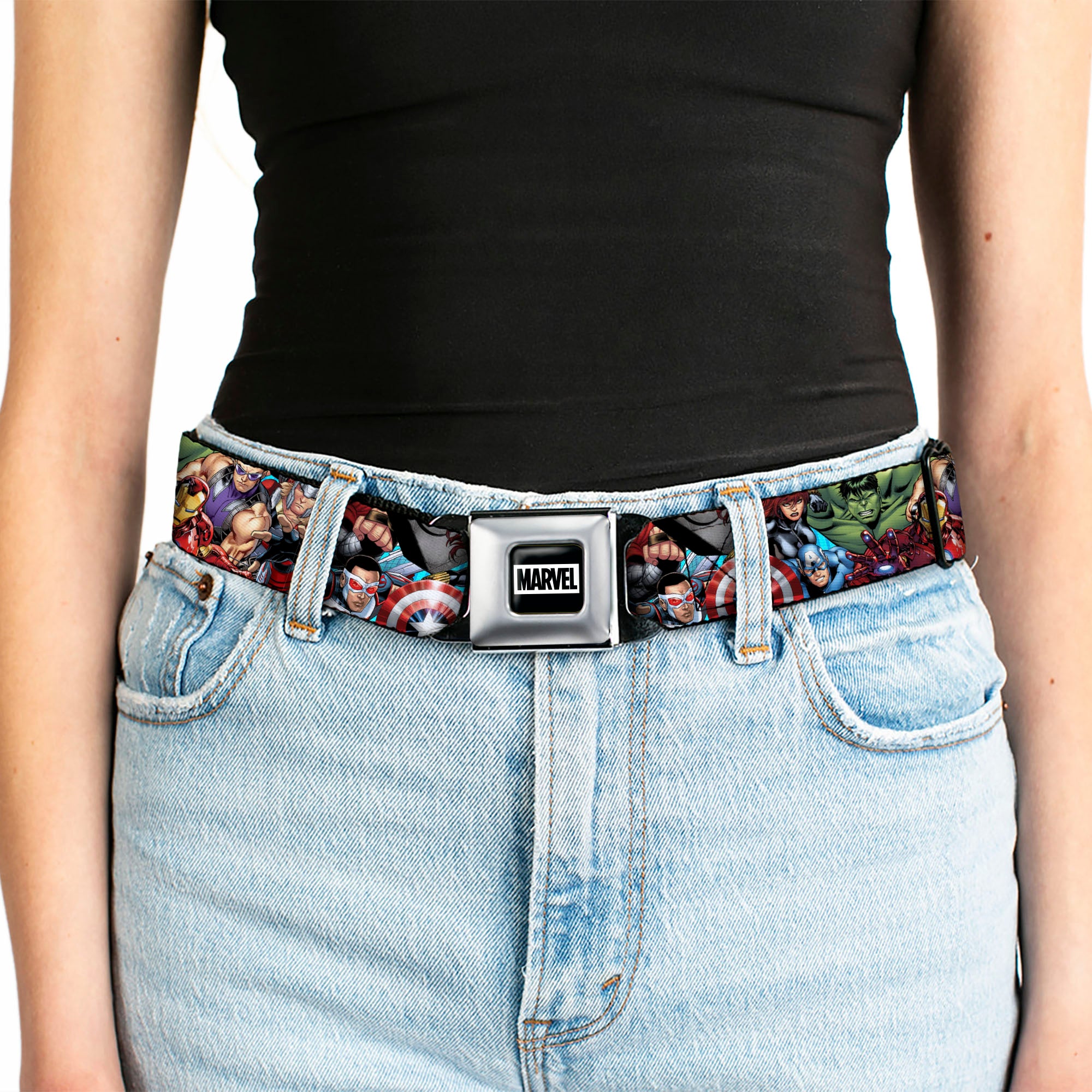 MARVEL Brick Logo Full Color Black/White Seatbelt Belt - Marvel Comics Avengers Superhero Poses Stacked Webbing