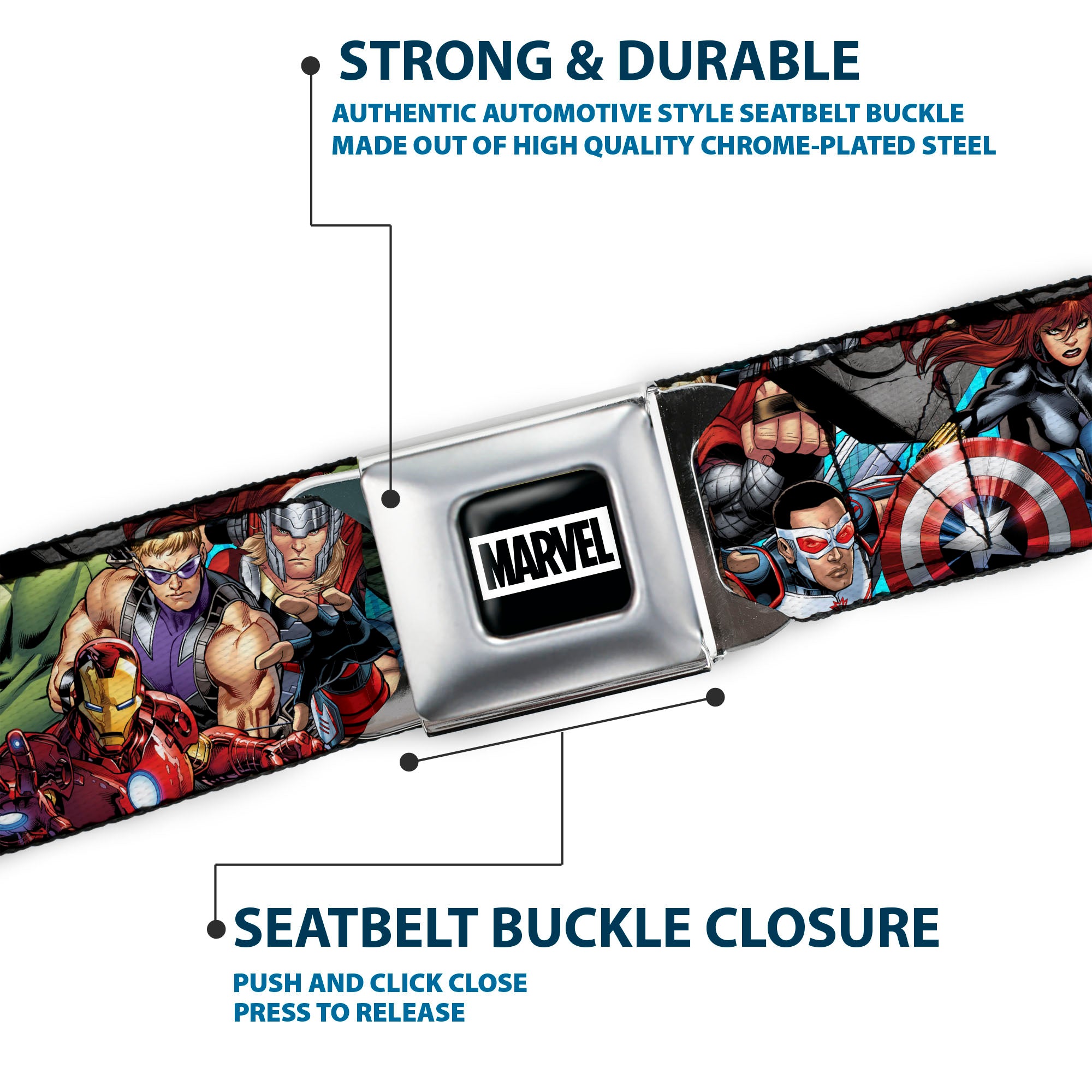 MARVEL Brick Logo Full Color Black/White Seatbelt Belt - Marvel Comics Avengers Superhero Poses Stacked Webbing