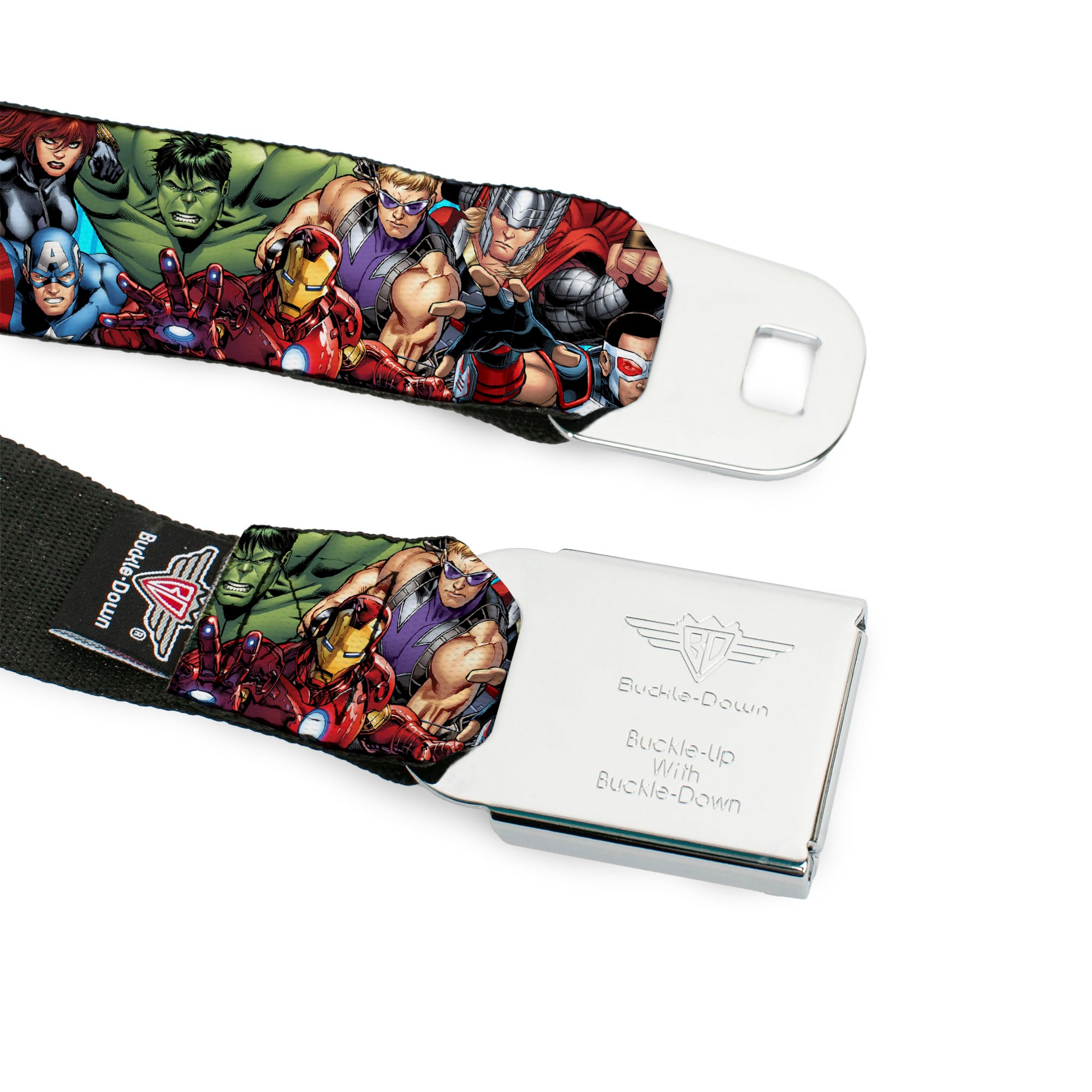 MARVEL Brick Logo Full Color Black/White Seatbelt Belt - Marvel Comics Avengers Superhero Poses Stacked Webbing