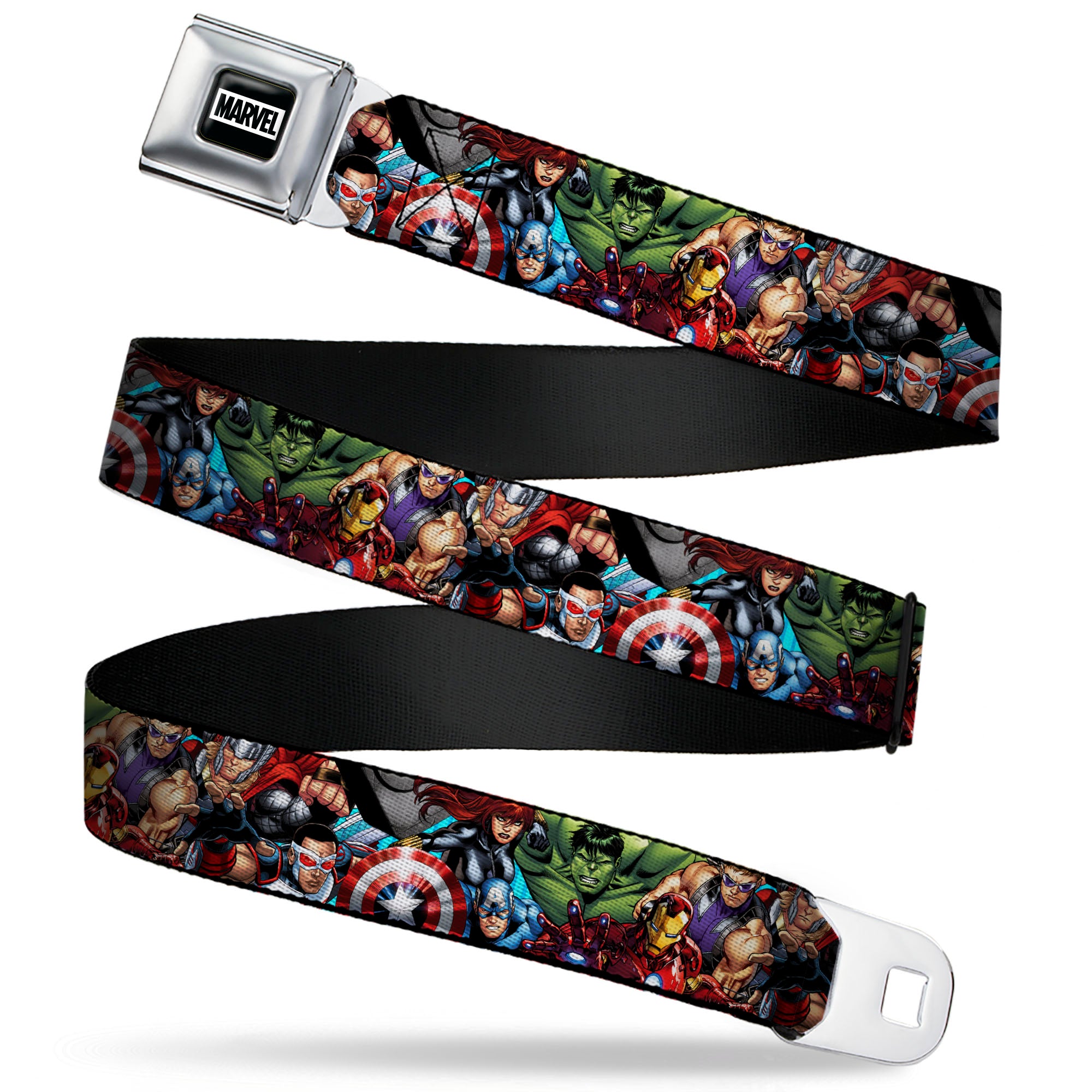 MARVEL Brick Logo Full Color Black/White Seatbelt Belt - Marvel Comics Avengers Superhero Poses Stacked Webbing