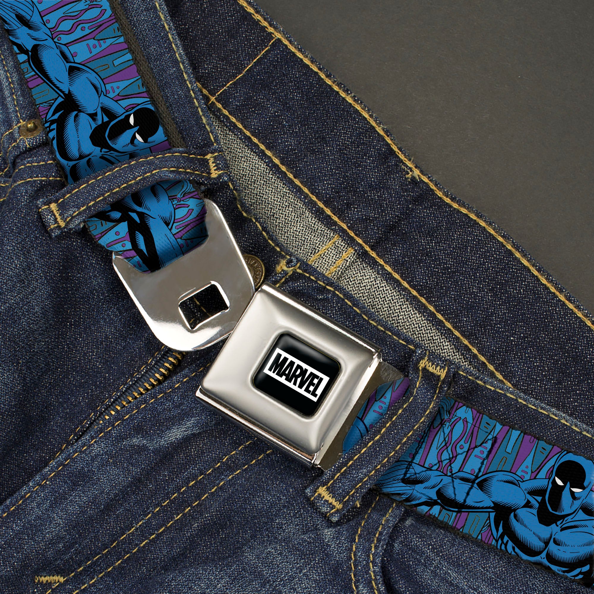 MARVEL Brick Logo Full Color Black/White Seatbelt Belt - Black Panther Arms Stretched Pose Purples/Blue Webbing