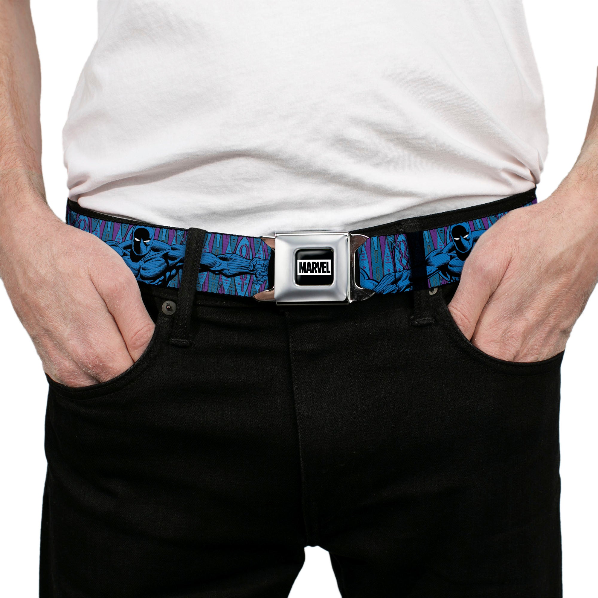 MARVEL Brick Logo Full Color Black/White Seatbelt Belt - Black Panther Arms Stretched Pose Purples/Blue Webbing