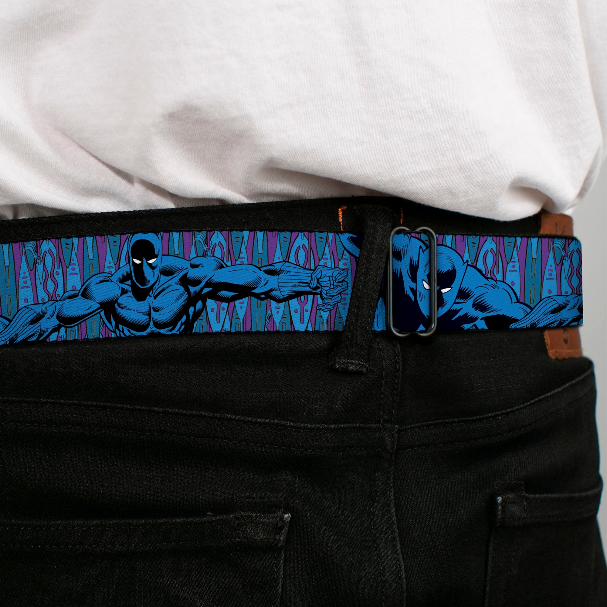 MARVEL Brick Logo Full Color Black/White Seatbelt Belt - Black Panther Arms Stretched Pose Purples/Blue Webbing