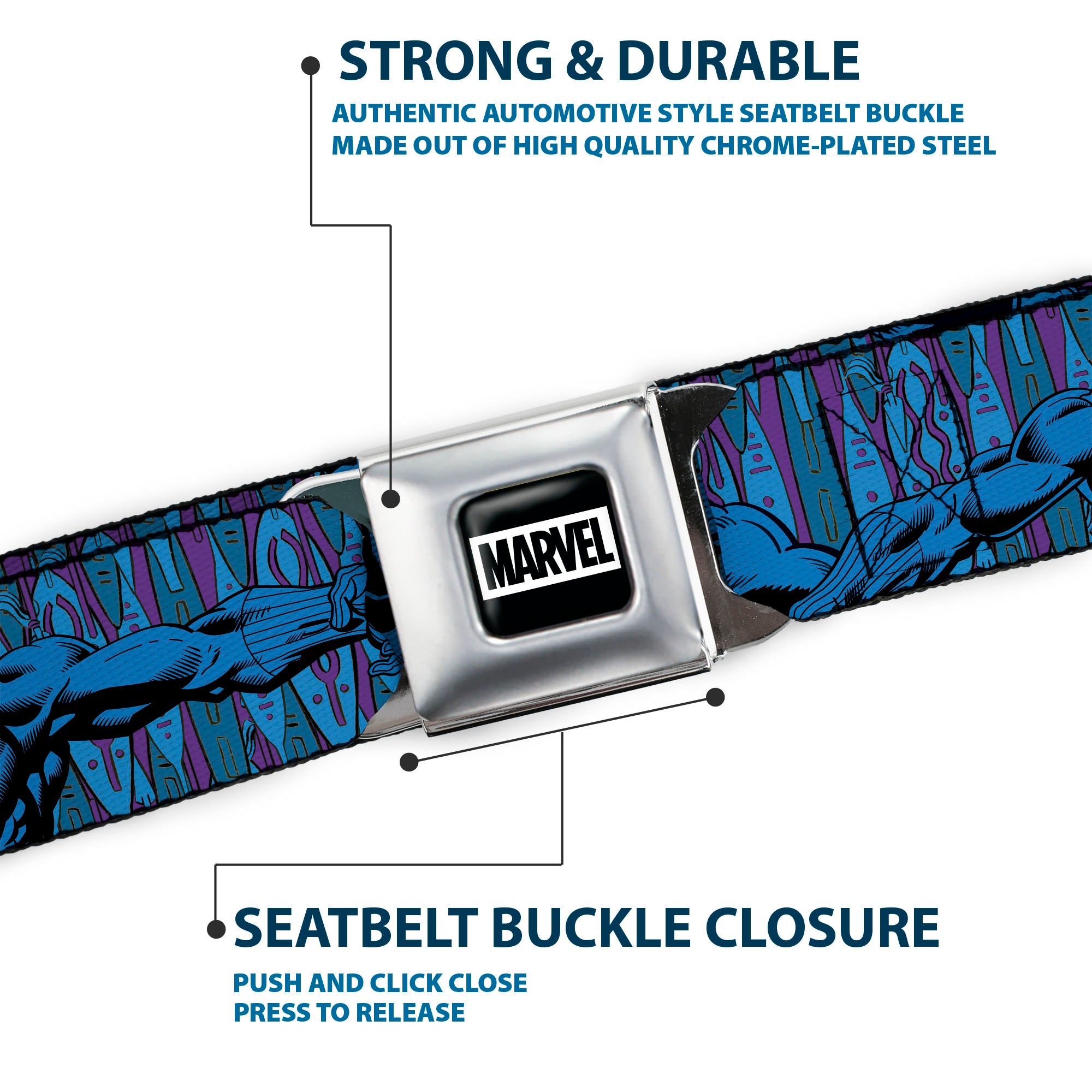 MARVEL Brick Logo Full Color Black/White Seatbelt Belt - Black Panther Arms Stretched Pose Purples/Blue Webbing