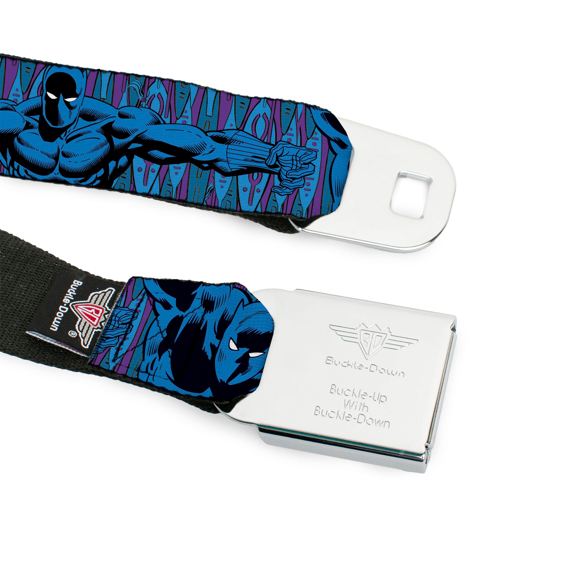 MARVEL Brick Logo Full Color Black/White Seatbelt Belt - Black Panther Arms Stretched Pose Purples/Blue Webbing