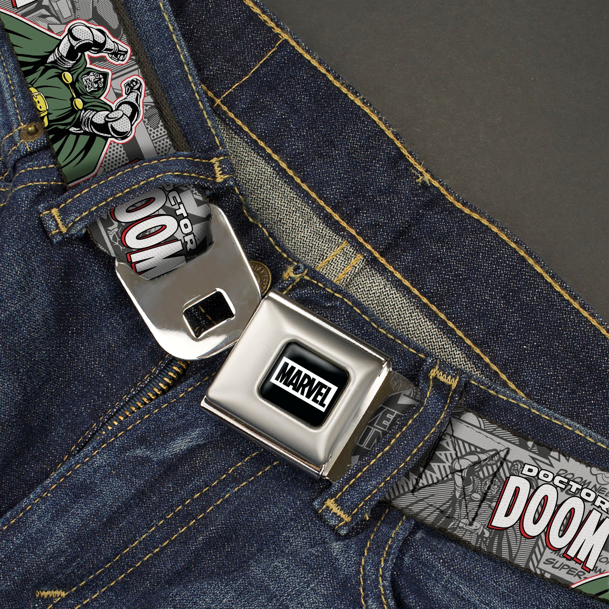 MARVEL Brick Logo Full Color Black/White Seatbelt Belt - DOCTOR DOOM Poses and Comic Blocks Grays Webbing