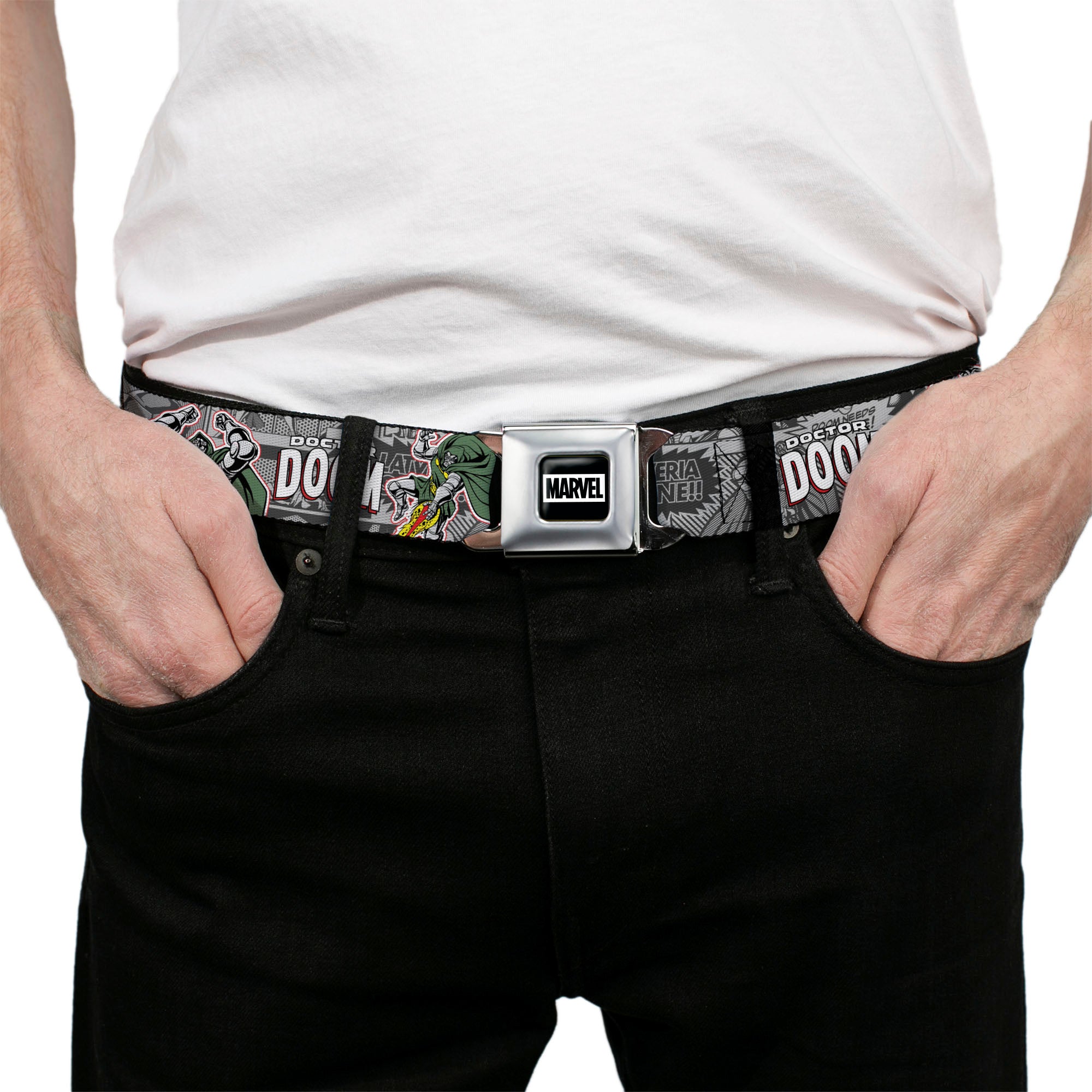 MARVEL Brick Logo Full Color Black/White Seatbelt Belt - DOCTOR DOOM Poses and Comic Blocks Grays Webbing