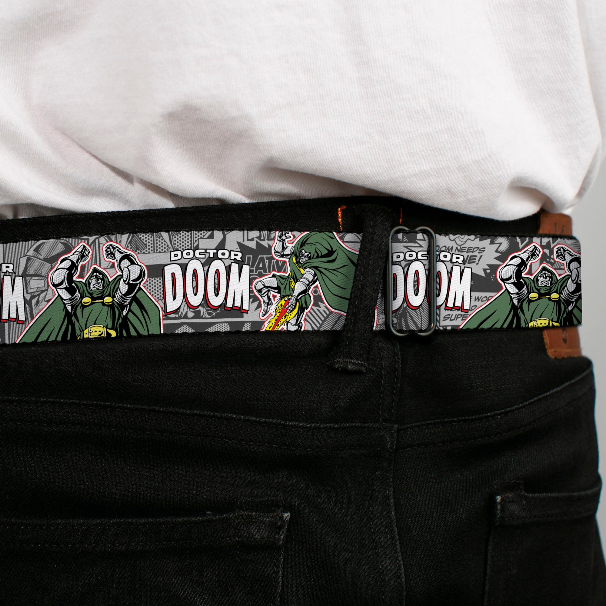 MARVEL Brick Logo Full Color Black/White Seatbelt Belt - DOCTOR DOOM Poses and Comic Blocks Grays Webbing