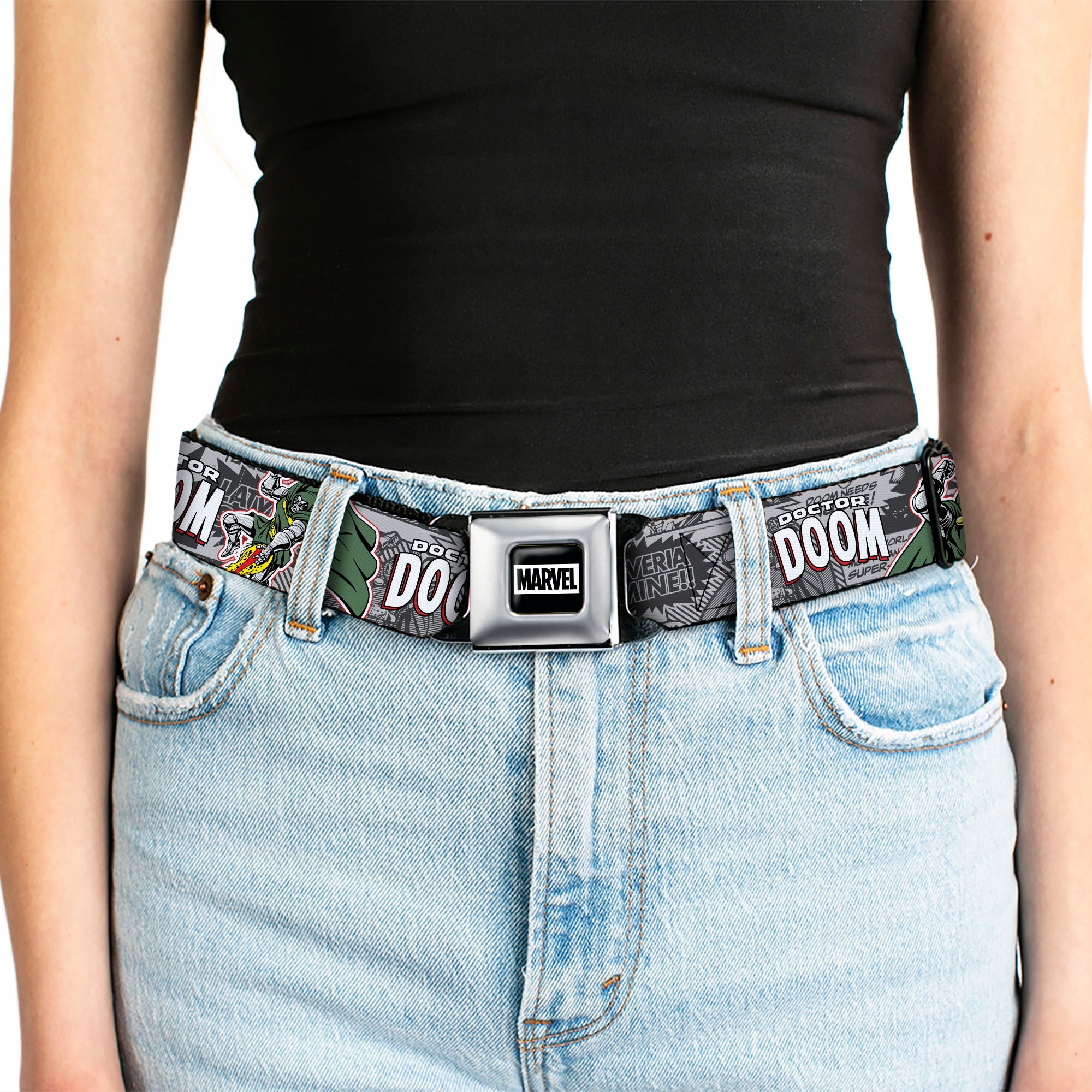 MARVEL Brick Logo Full Color Black/White Seatbelt Belt - DOCTOR DOOM Poses and Comic Blocks Grays Webbing